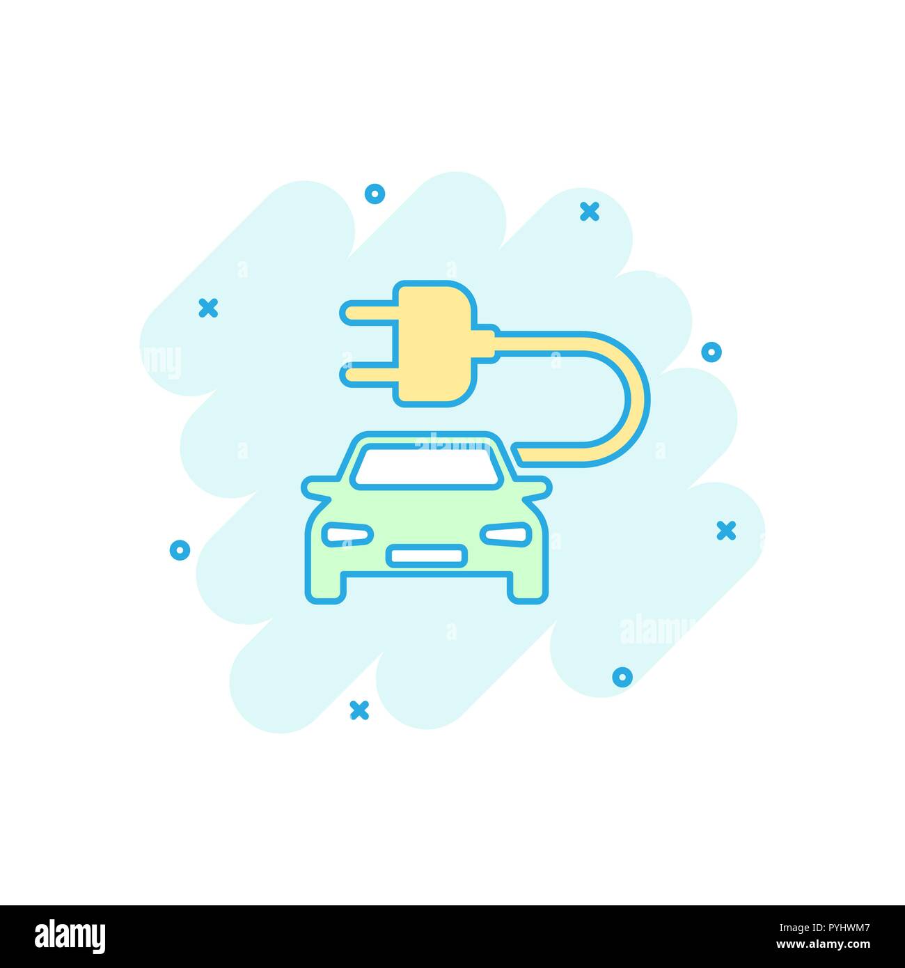 Vector cartoon elettro car icona in stile fumetto. Automobile elettrica veicolo illustrazione pittogramma. Ecologia auto berlina effetto splash concept. Illustrazione Vettoriale