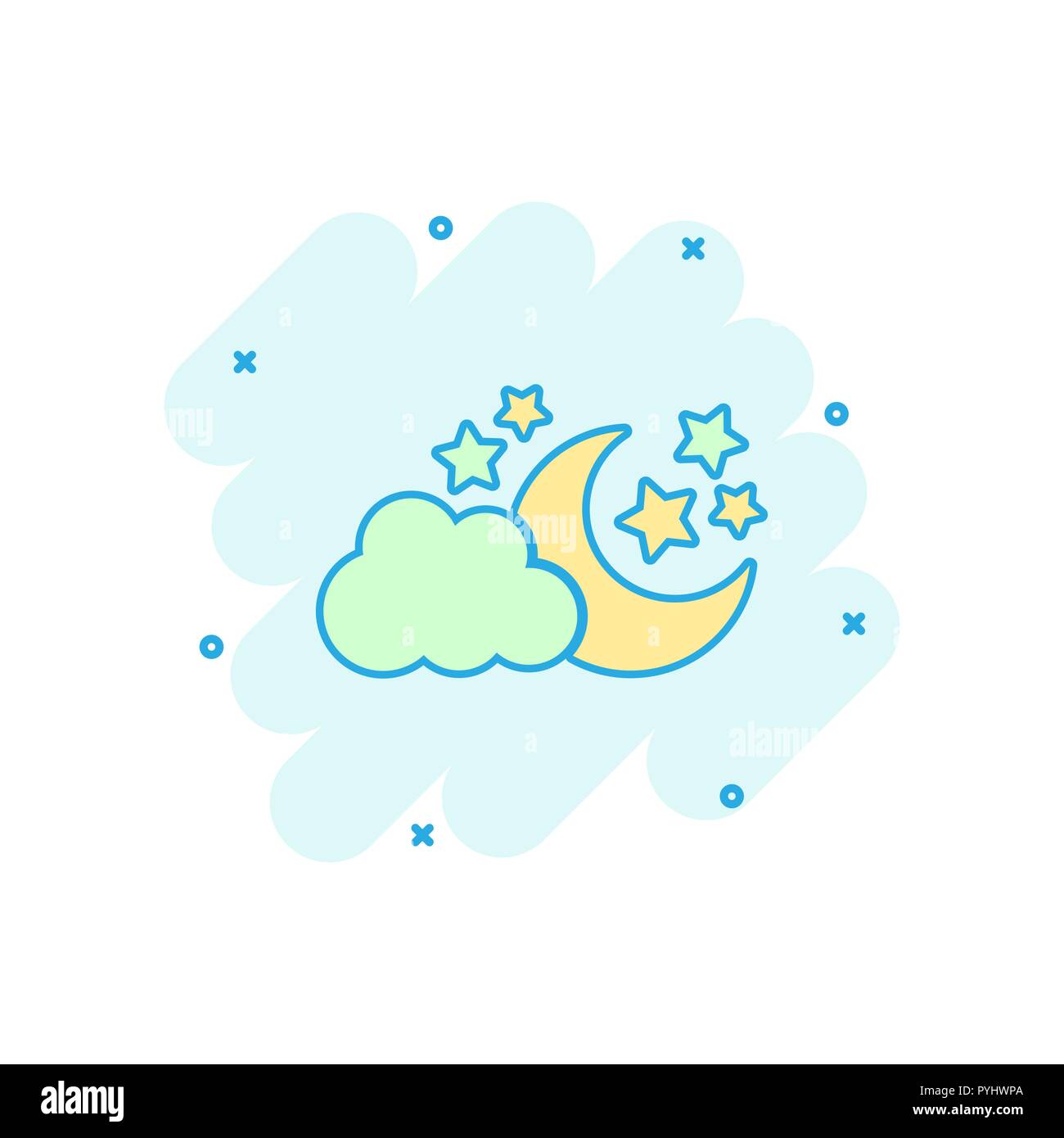 Vector cartoon la luna e le stelle con zolle icona in stile fumetto. Concetto notturna illustrazione pittogramma. Il Cloud, moon business effetto splash concept. Illustrazione Vettoriale