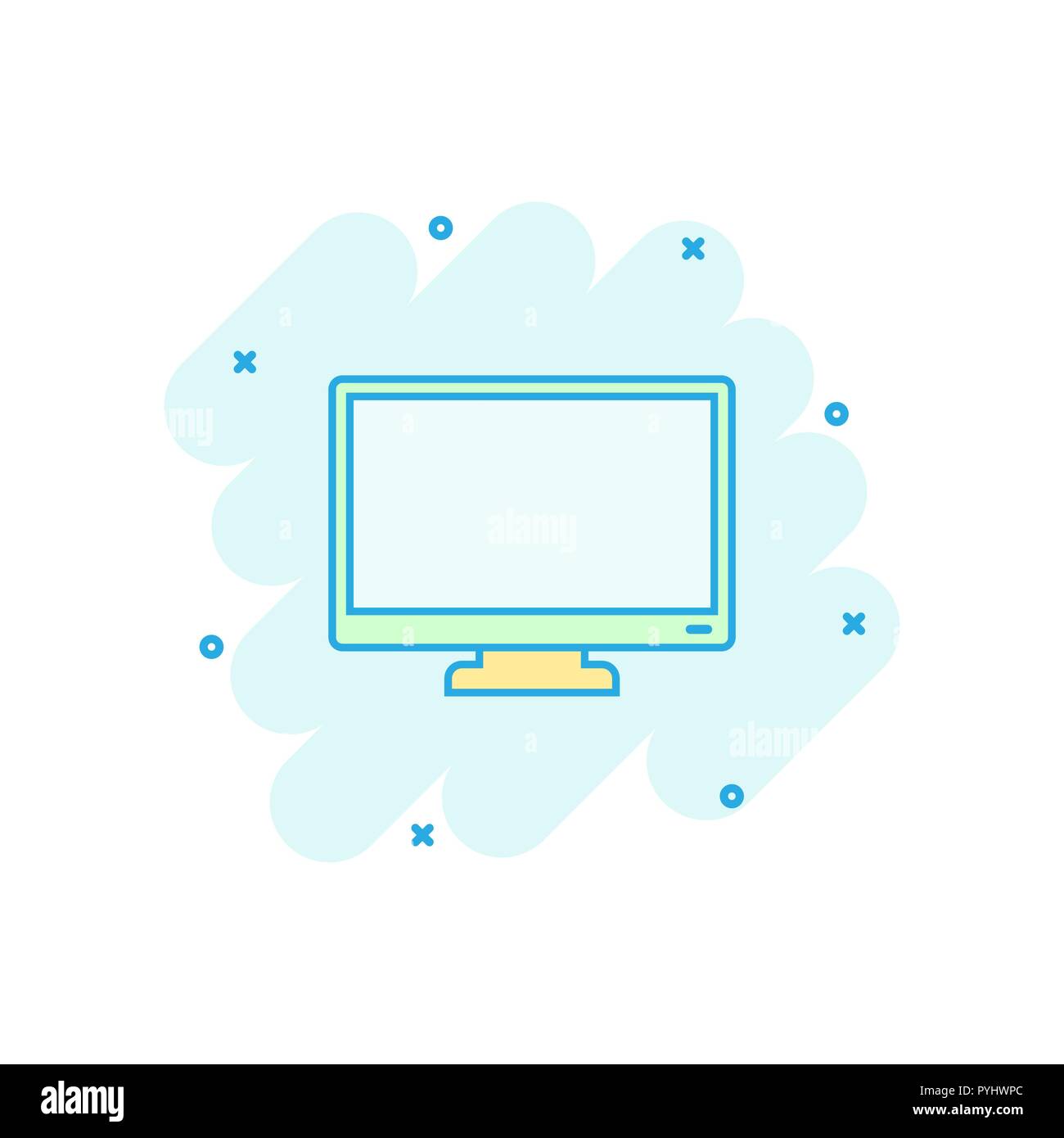Vector cartoon computer monitor icona in stile fumetto. Concetto di televisione illustrazione pittogramma. Tv display business effetto splash concept. Illustrazione Vettoriale