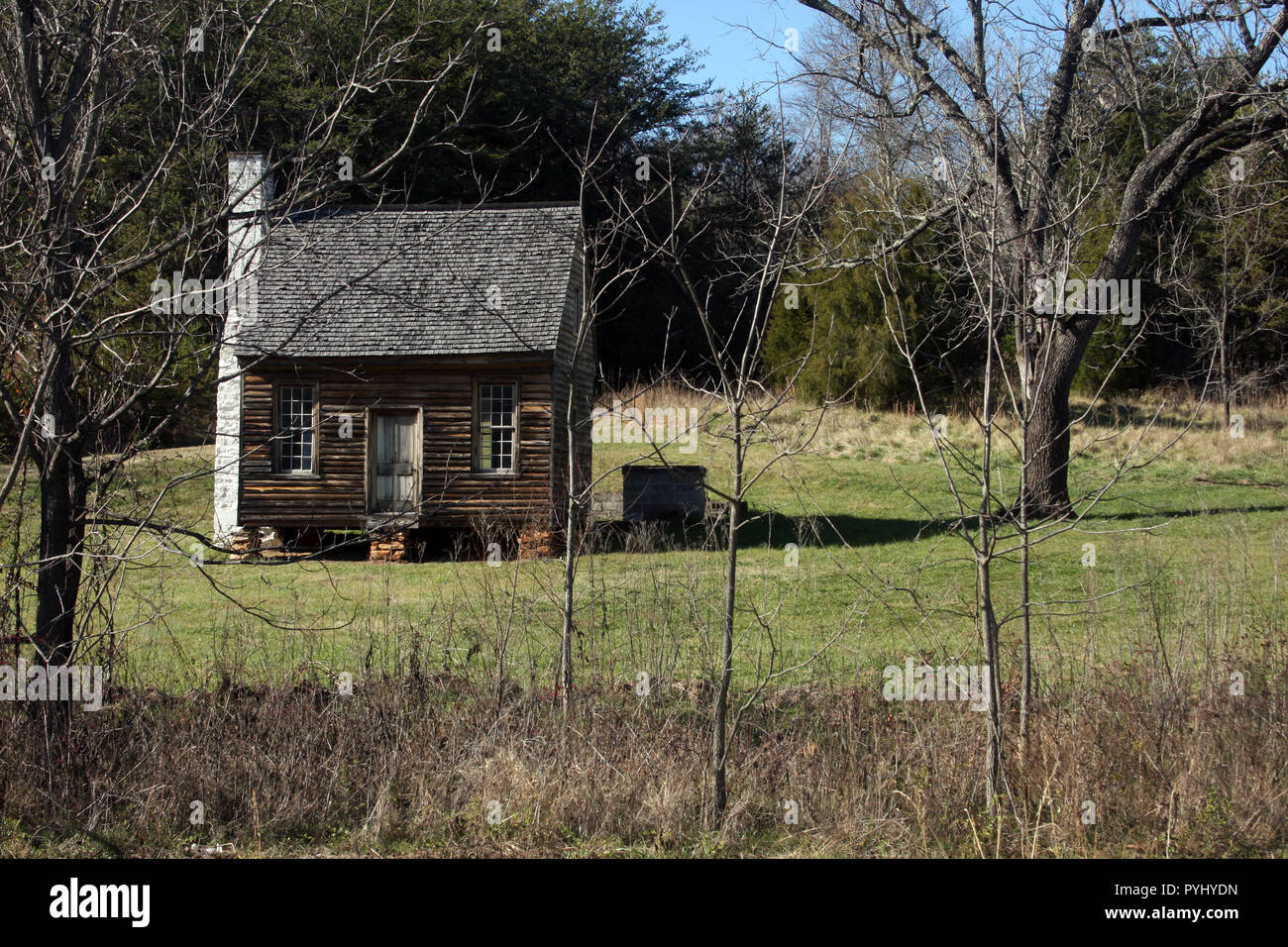 Tiny casa di tronchi nel campo in Virginia rurale, Stati Uniti Foto Stock