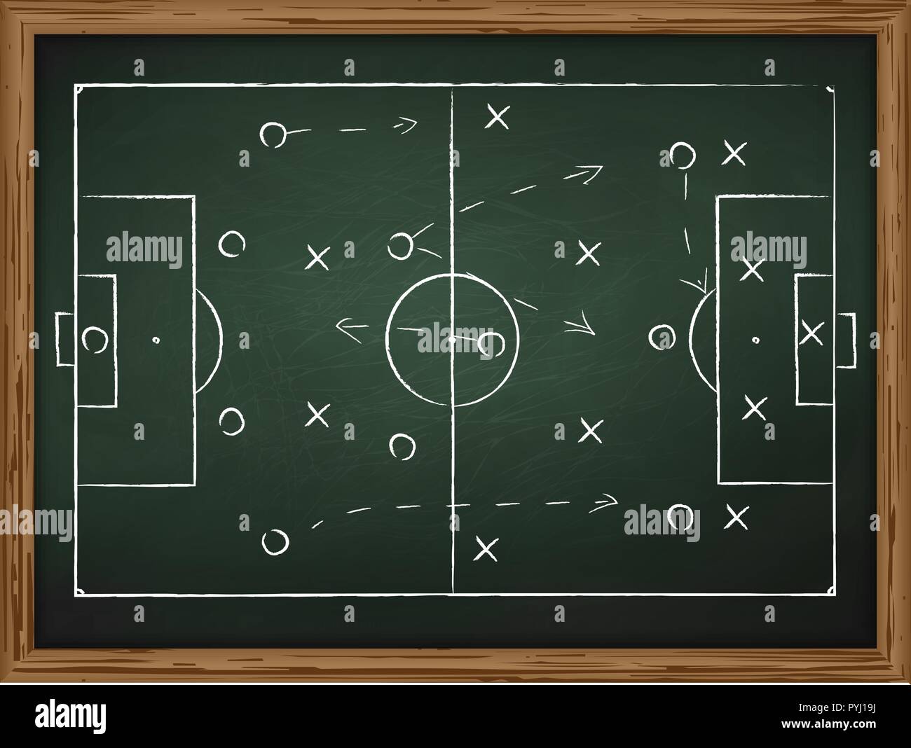 Gioco di calcio strategia tattica disegnati su chalk board. Vista superiore Illustrazione Vettoriale