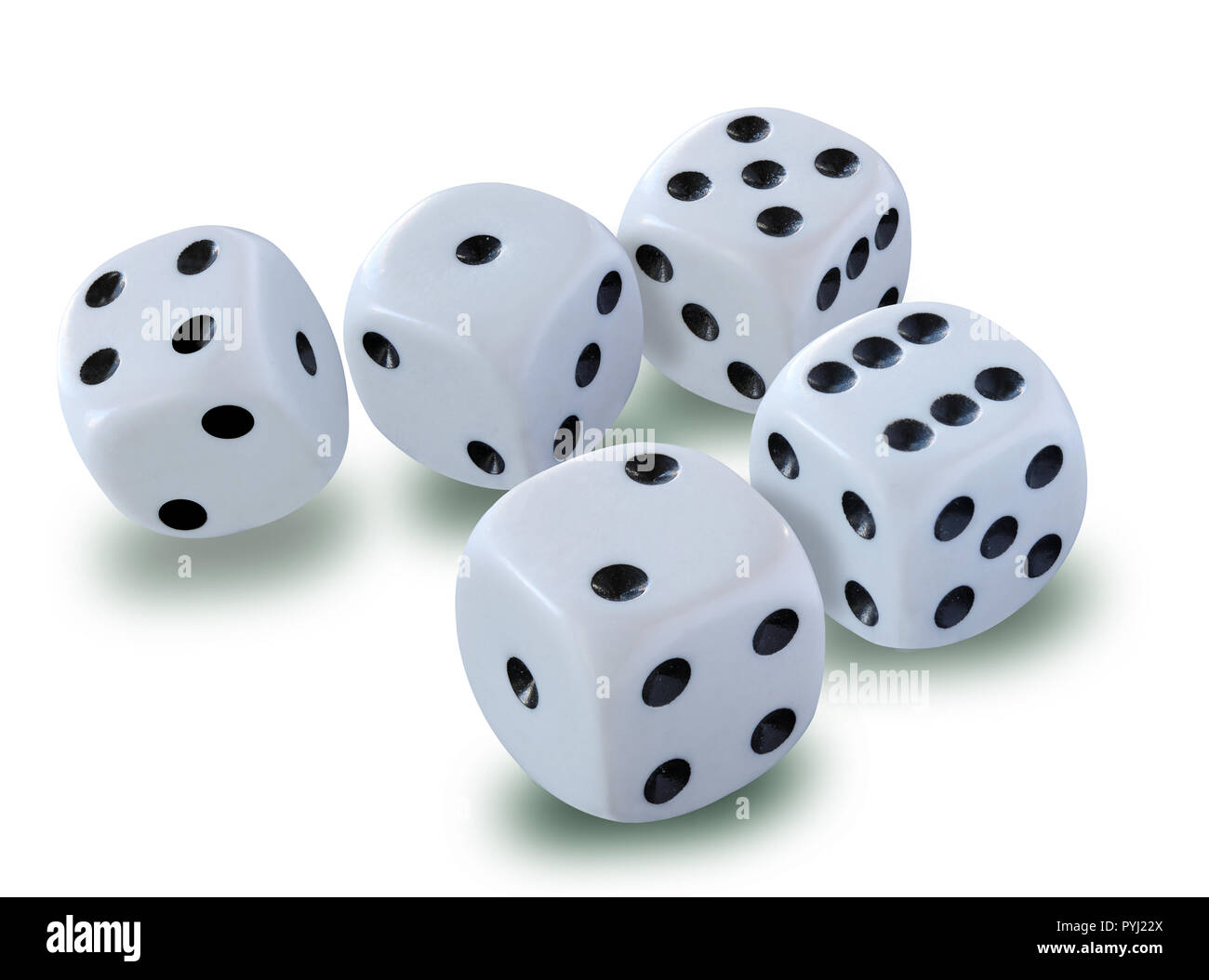 Dadi bianco su sfondo bianco con ombre - gettati in un gioco craps, yatsy o qualsiasi tipo di gioco di dadi Foto Stock