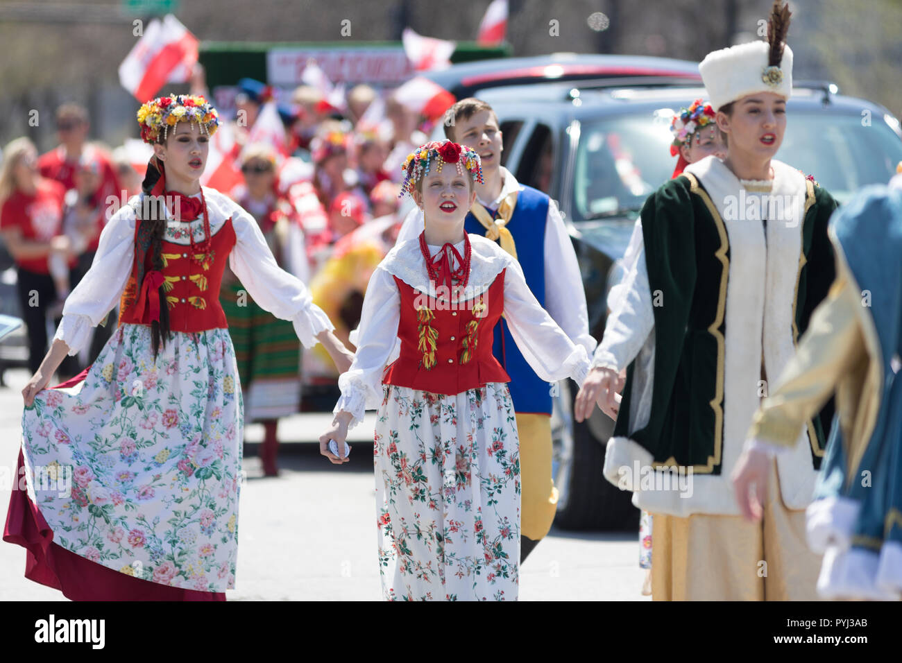 Chicago, Illinois, Stati Uniti d'America - 5 Maggio 2018: Costituzione polacca parata del giorno, polacco di uomini e donne che indossano abiti tradizionali membri della Polonia Pol Foto Stock