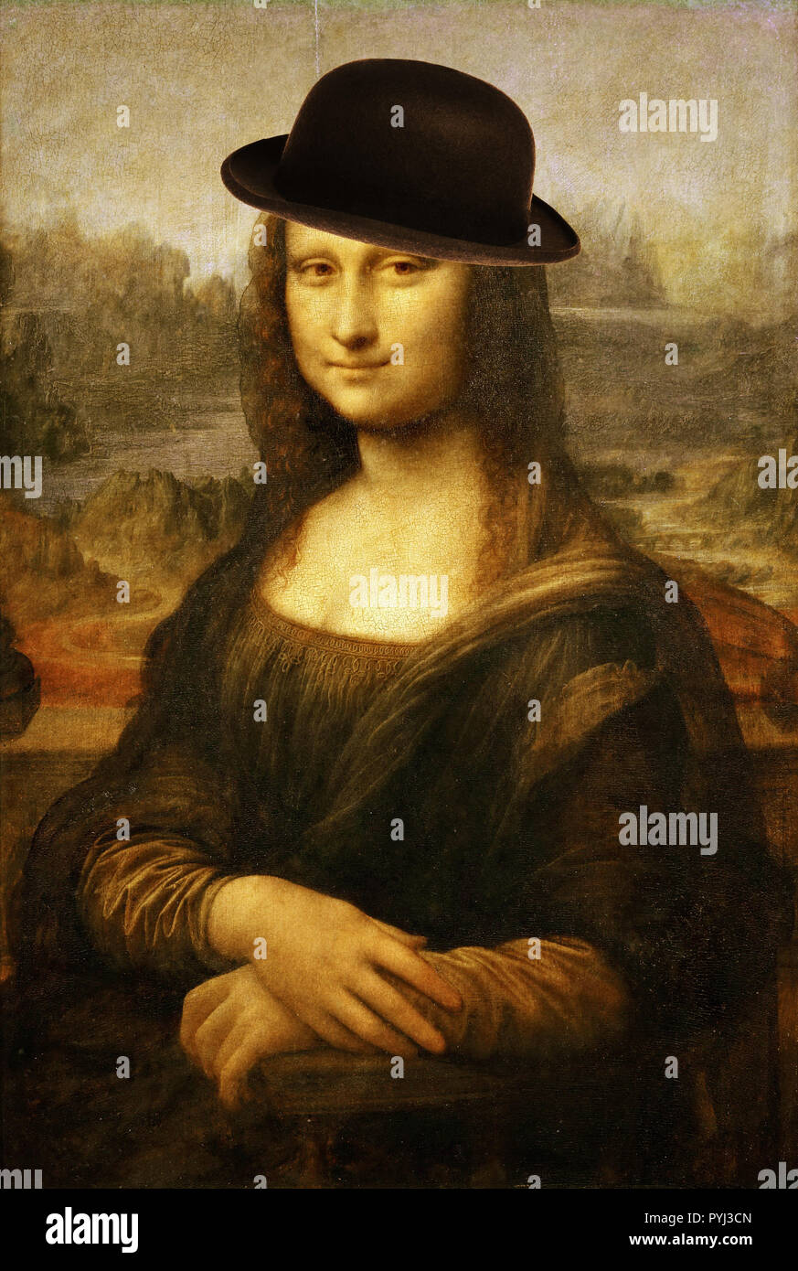 Celebre Leonardo da Vinci di pittura di Mona Lisa indossando un cappello, modificati in modo digitale Foto Stock