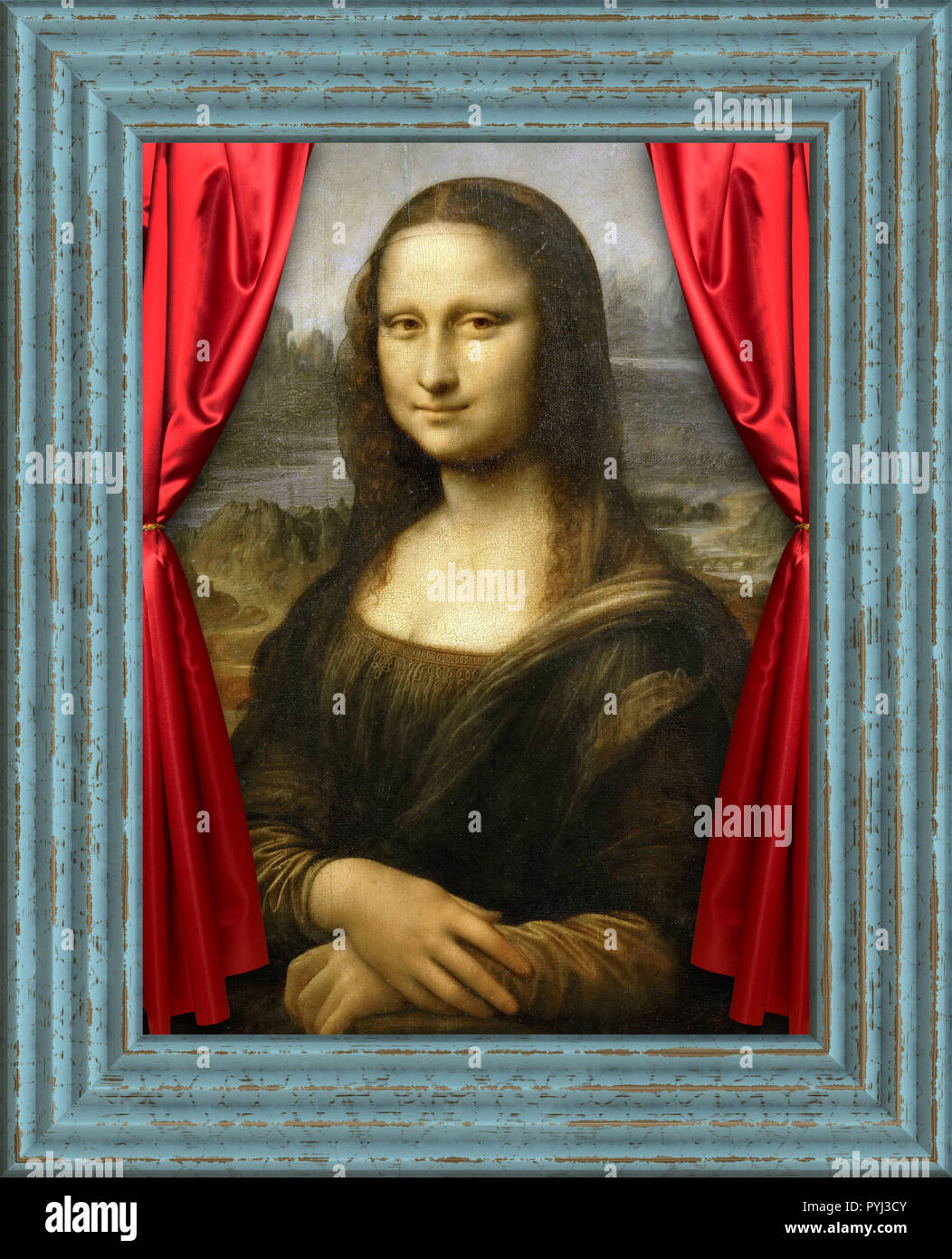 Famosa Mona Lisa dipinto da Leonardo da Vinci modificati in modo digitale con un telaio e tendaggi rossi Foto Stock