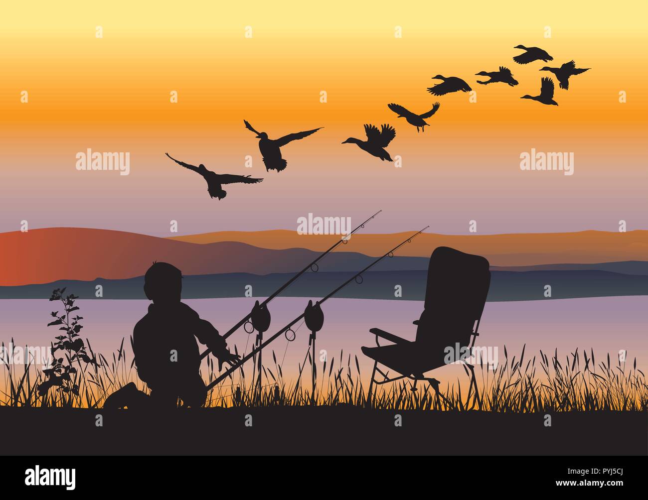 Ragazzo di pesce e la migrazione di anatre selvatiche Illustrazione Vettoriale