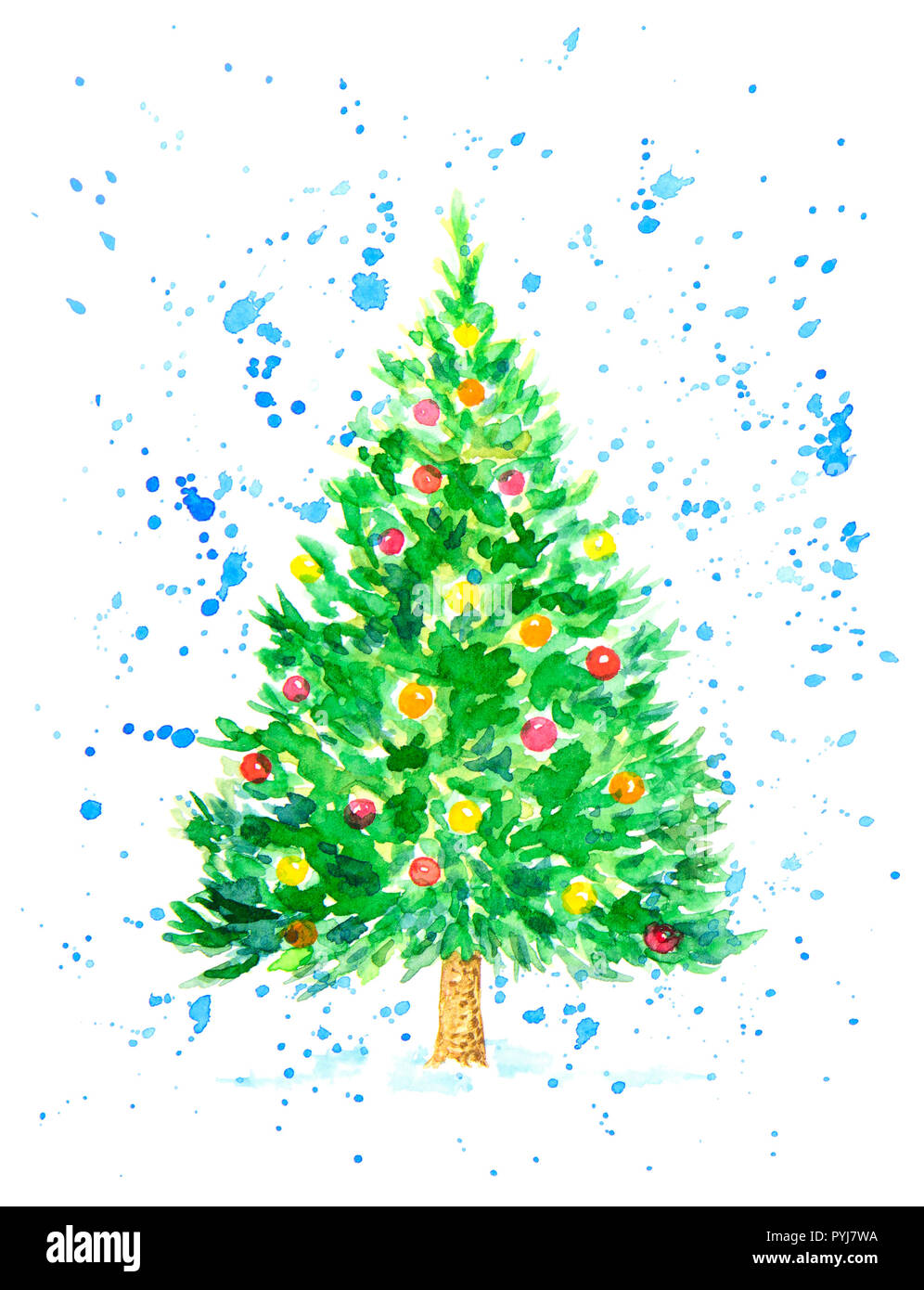 Natale Abete con sfere coperto da fiocchi di neve come cartolina. Acquerello disegnata a mano e dipinto. Isolato su sfondo bianco Foto Stock