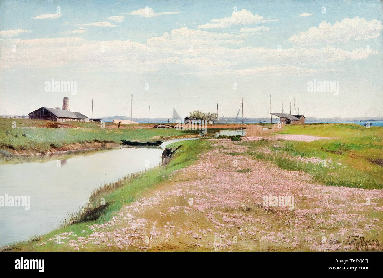 Laurits Andersen Ring, il fiume e il porto di Frederiksvaerk 1900 olio su tela, la collezione Hirschsprung, Copenhagen, Danimarca. Foto Stock