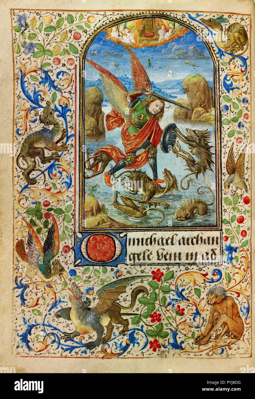 Lieven van Lathem, Saint Michael 1469 tempere, foglia oro, oro, argento, inchiostro su pergamena, J. Paul Getty Museum di Los Angeles, Stati Uniti d'America. Foto Stock
