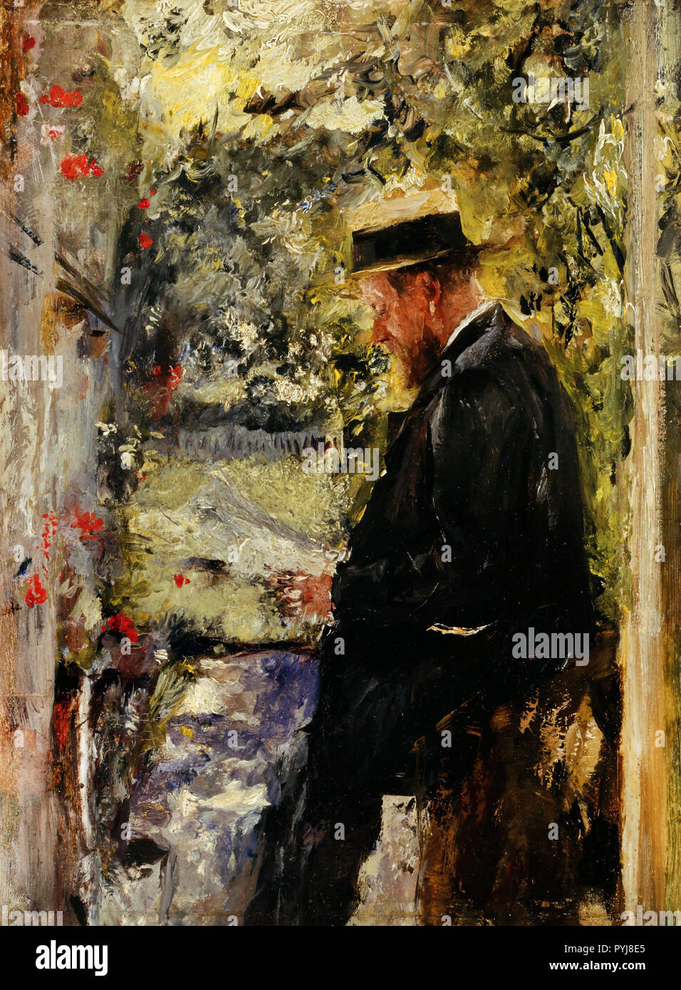 Wilhelm Leibl, Veterinario Reindl nell'Arbor, circa 1890, olio su pannello, Lenbachhaus, Monaco di Baviera, Germania. Foto Stock