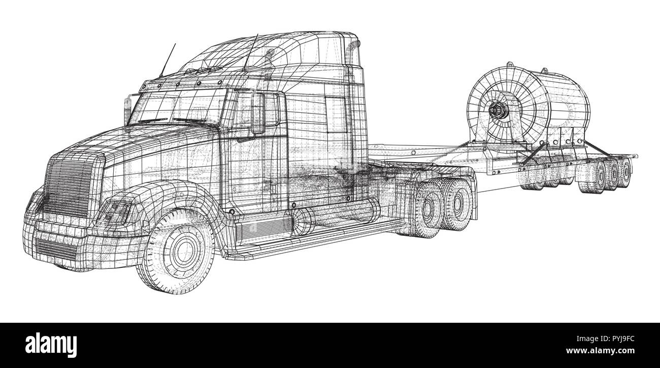 Letto basso camion rimorchio. Veicolo carico. Filo-telaio. EPS10 formato. Vettore di rendering 3D Illustrazione Vettoriale