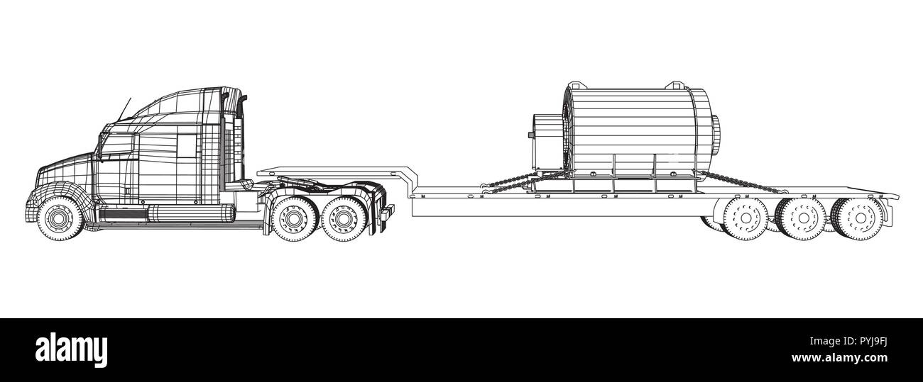 Letto basso camion rimorchio. Disegno astratto. Veicolo carico. Filo-telaio. EPS10 formato. Vettore creati di 3d. Illustrazione Vettoriale