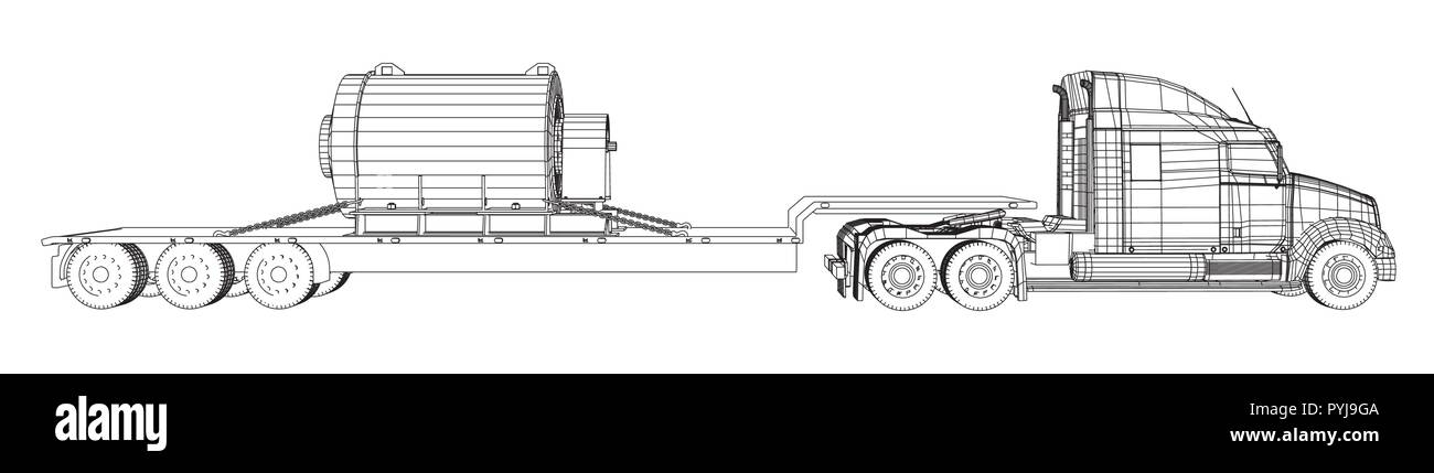 Letto basso camion rimorchio. Filo-telaio. Veicolo carico. EPS10 formato. Vettore creati di 3d. Illustrazione Vettoriale