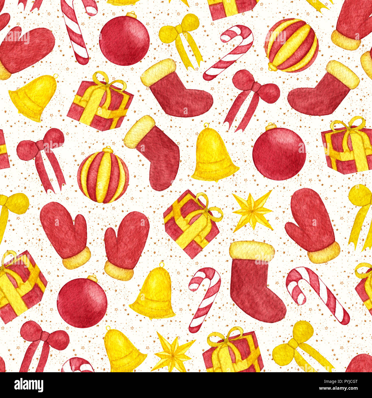 Dipinto a mano grande natale seamless pattern con acquarello palle di colori rossi e gialli, campane, archi, confezioni regalo, caramelle, stelle, stivali e guanti Foto Stock