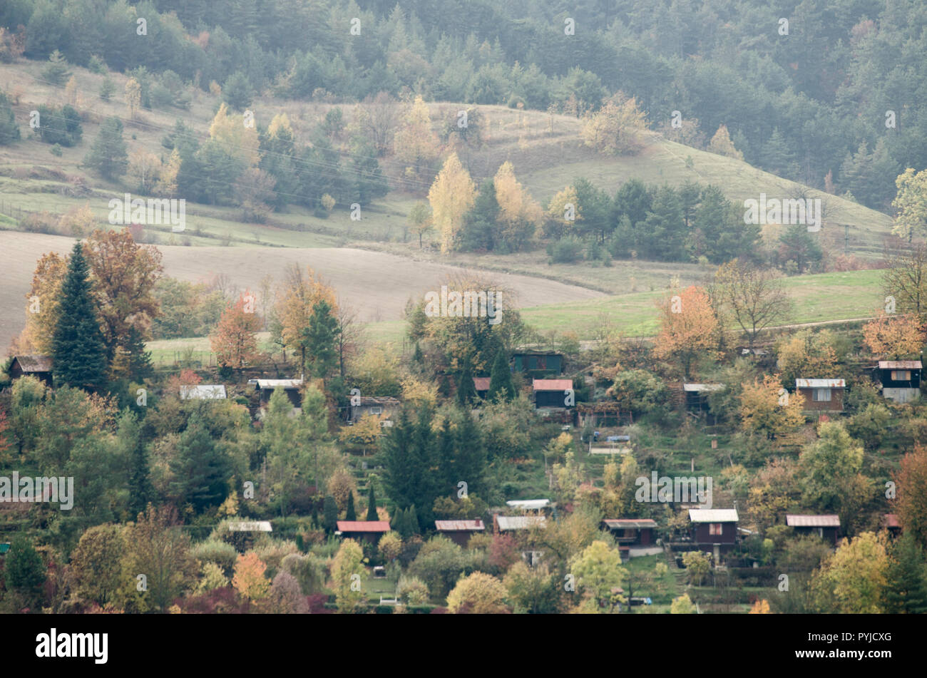 Piccole cabine in montagna - autunno paesaggio forestale dalla Slovacchia Foto Stock