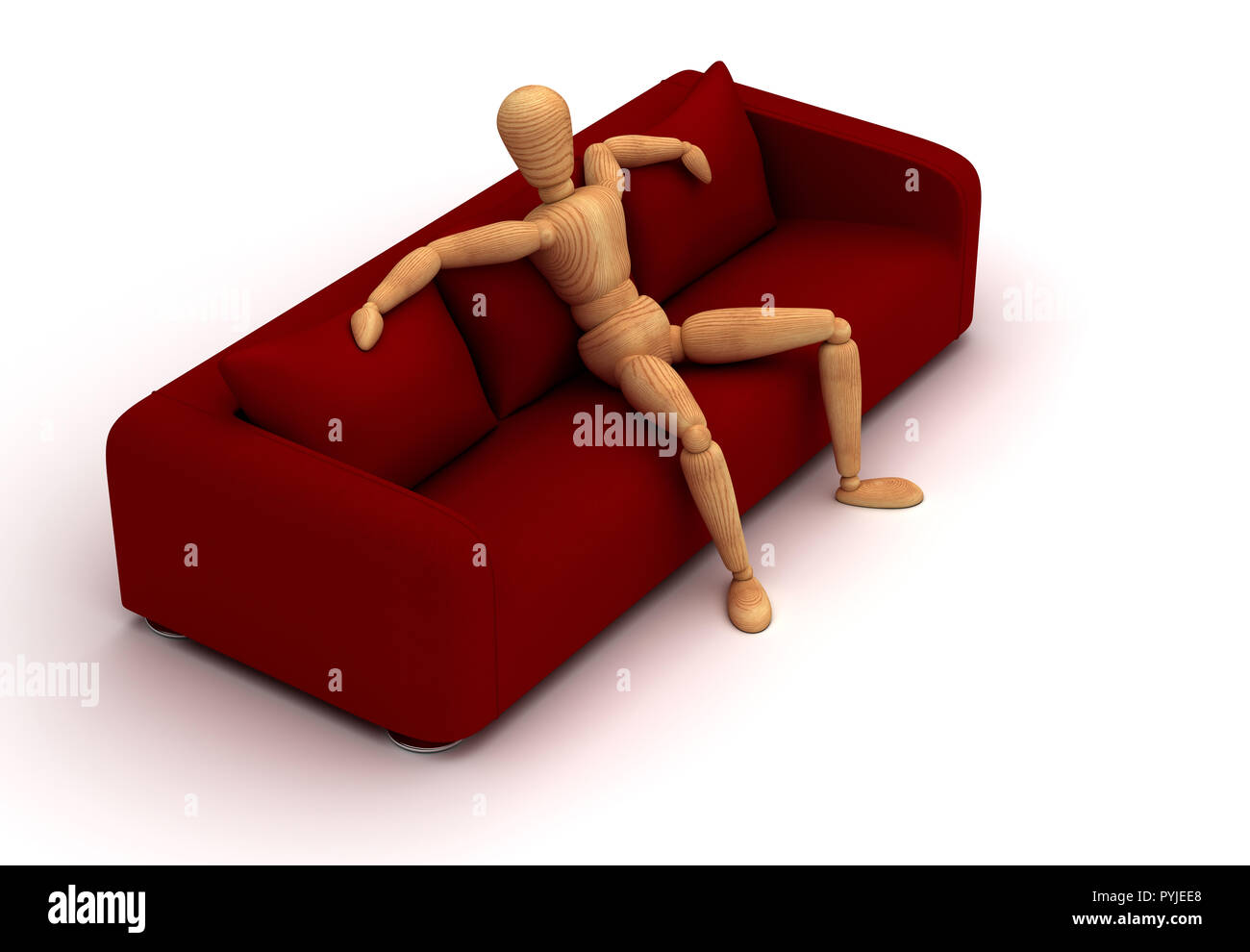 Manichino seduto sul divano rosso (isolato su sfondo bianco) Foto Stock