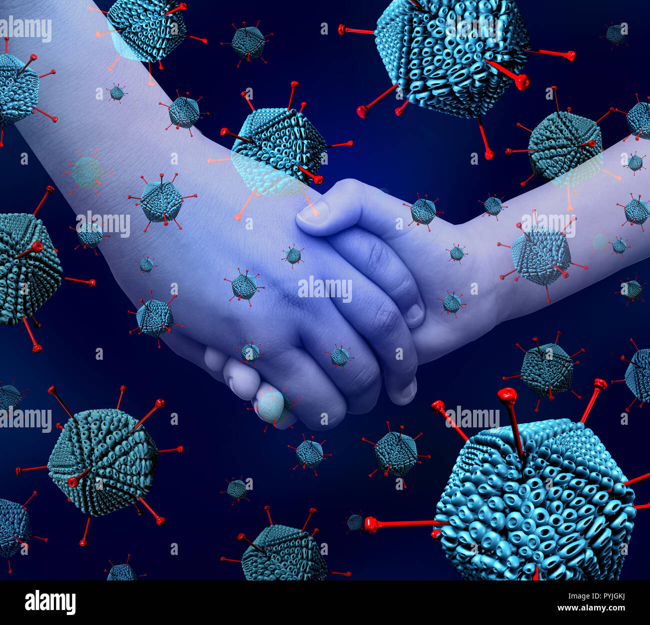 Adenovirus focolaio di malattia come una malattia delle vie respiratorie Infezione da virus provocando febbre alta come mani di bambini per la salute pediatrica con microscopiche. Foto Stock