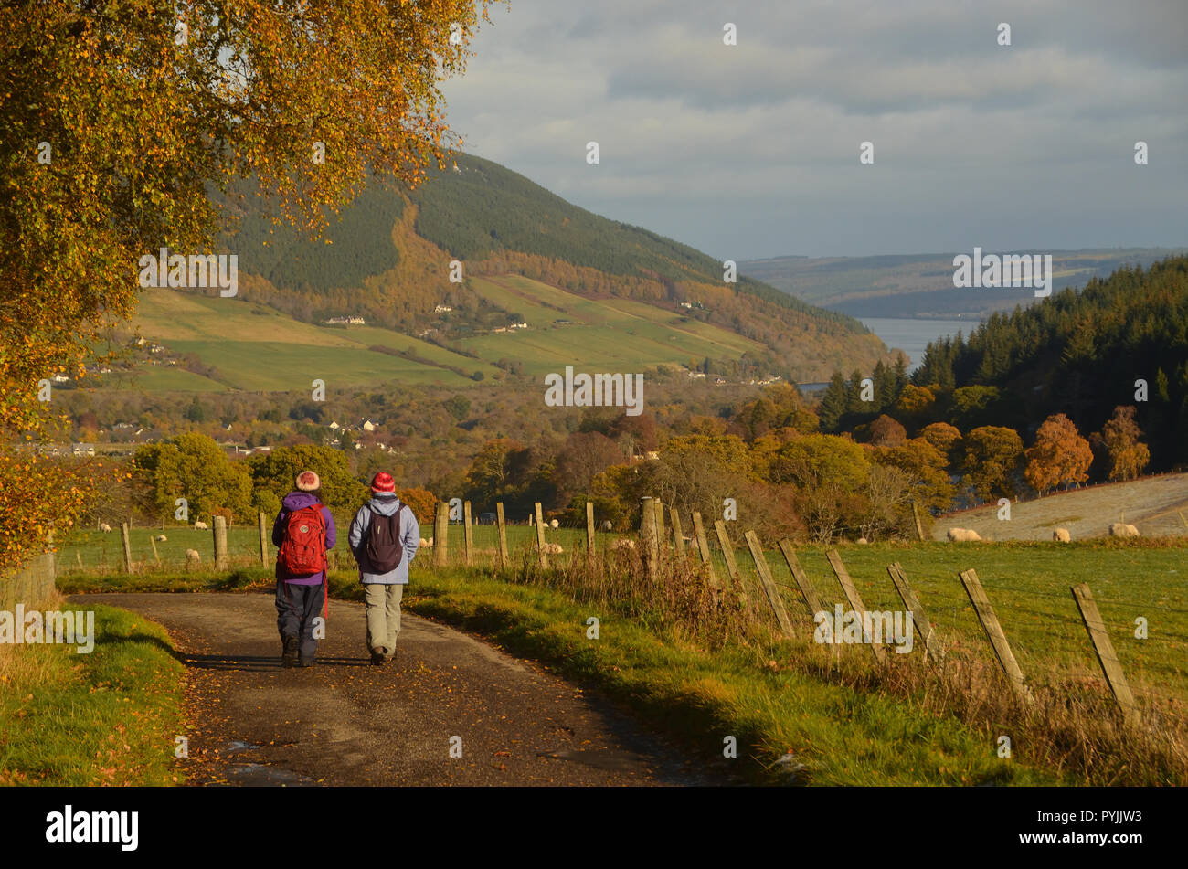 Una coppia di escursionisti su una tranquilla strada di campagna in Scozia Foto Stock