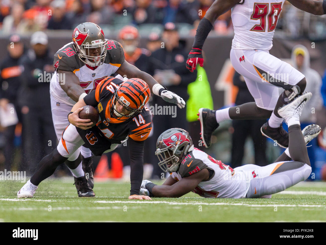 Cincinnati, OH, Stati Uniti d'America. 28 ott 2018. Cincinnati Bengals quarterback Andy Dalton (14) rimane spento il terreno per un breve periodo di guadagno in un gioco tra il Pittsburgh Steelers e Cincinnati Bengals il 28 ottobre 2018 a Paul Brown Stadium di Cincinnati, OH. Adam Lacy/CSM/Alamy Live News Foto Stock