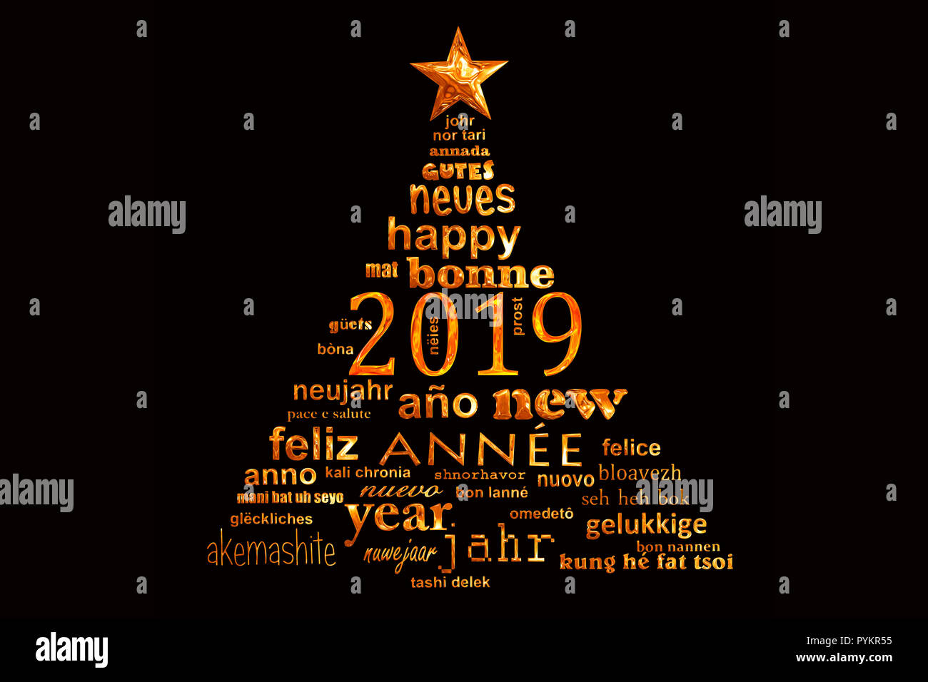 2019 Anno nuovo testo multilingue word cloud biglietto di auguri a forma di albero di natale Foto Stock