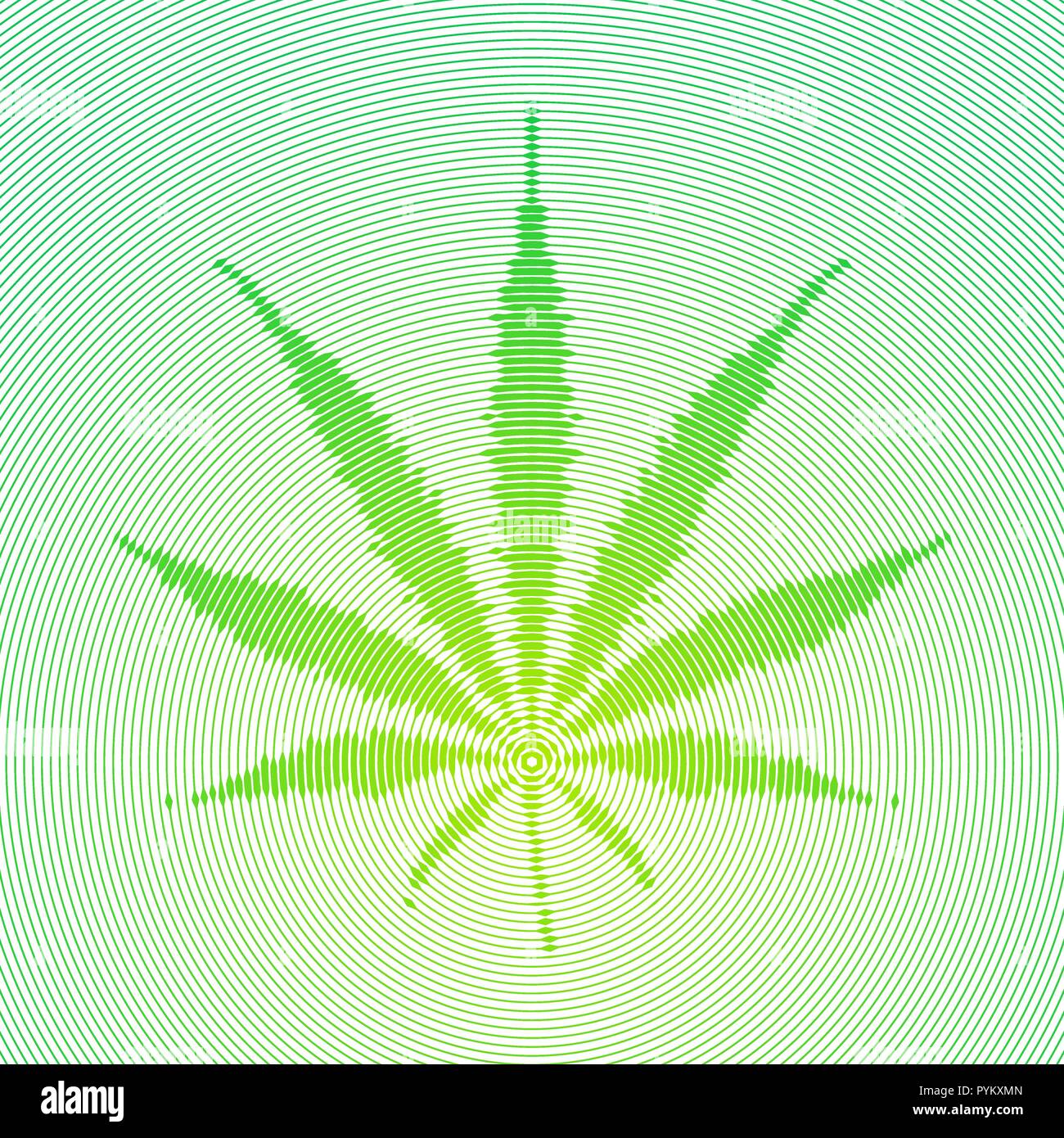 Vettore linee radiali di mezzitoni stile di incisione hypo onde design colorato di verde la marijuana medica terapia verde foglia segno a forma di croce icona illustrazione isolare Illustrazione Vettoriale