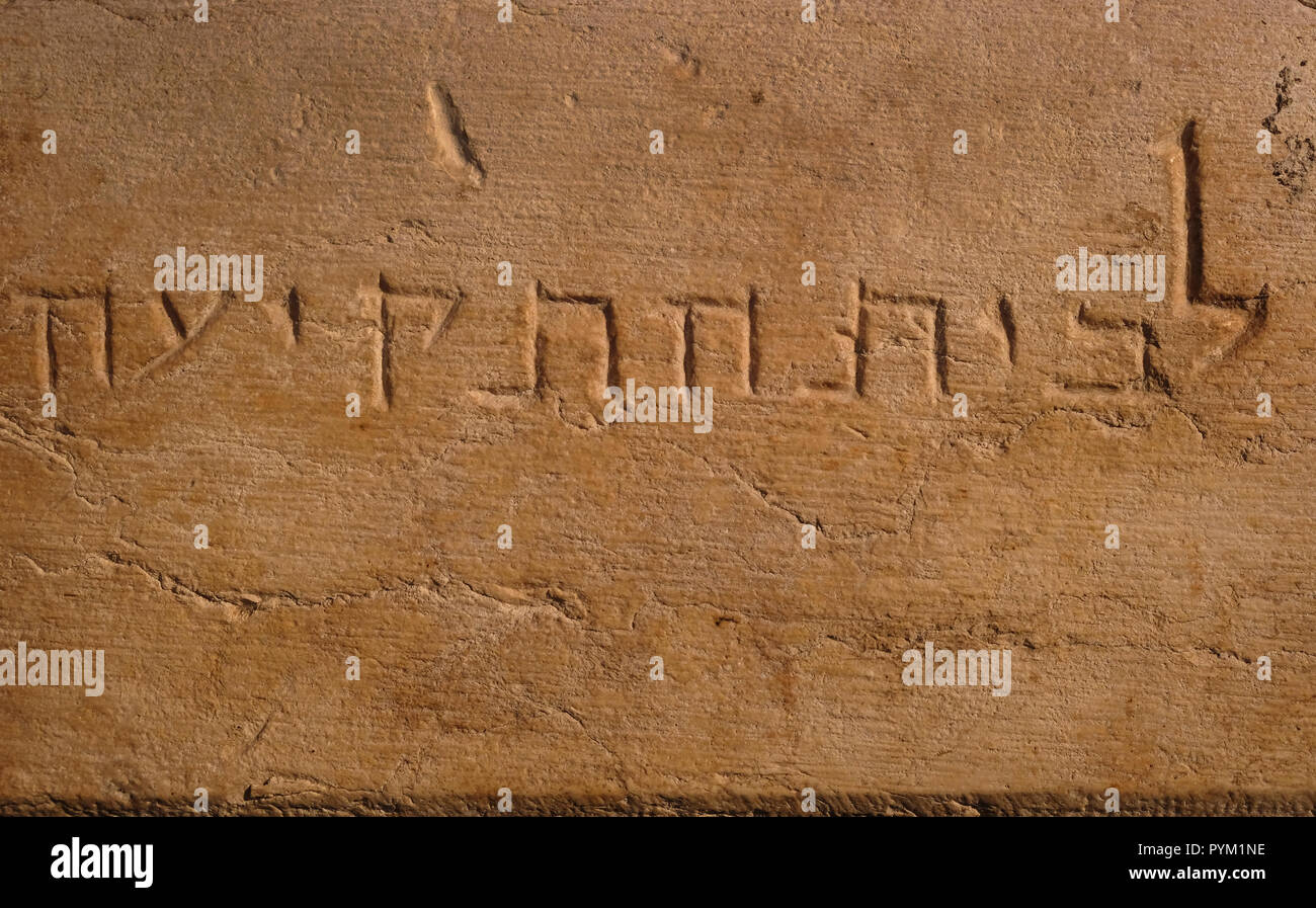 Dettaglio del primo secolo a.e.v. incisi blocco di pietra da il Tempio di Erode che reca un iscrizione ebraica " al posto di trumpeting..." trovata a sud-occidentale del Monte del Tempio a Gerusalemme visualizzati all'ala di archeologia nel Museo di Israele a Gerusalemme occidentale Israele Foto Stock