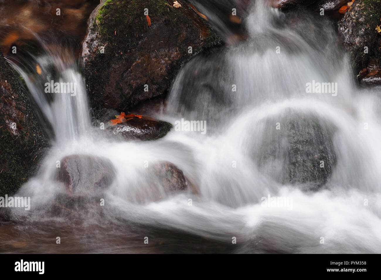 Acqua in movimento su fiume rocce al legno Glengarra Foto Stock