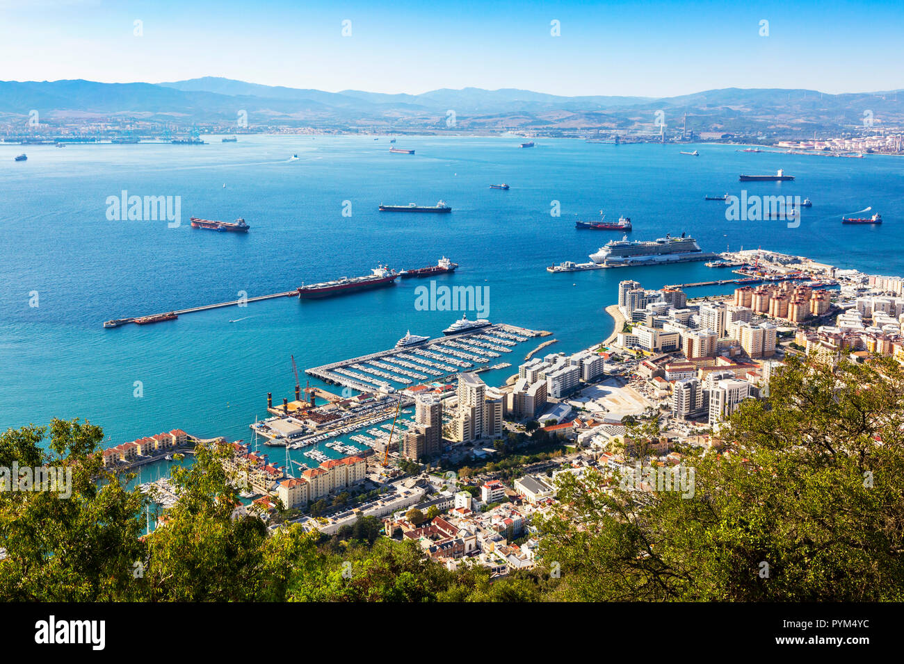 Alta vista sul porto di Gibilterra con una nave da crociera attraccata al ramo occidentale del contenitore Quay, e una vista sulla baia di Gibilterra al spagnolo mai Foto Stock