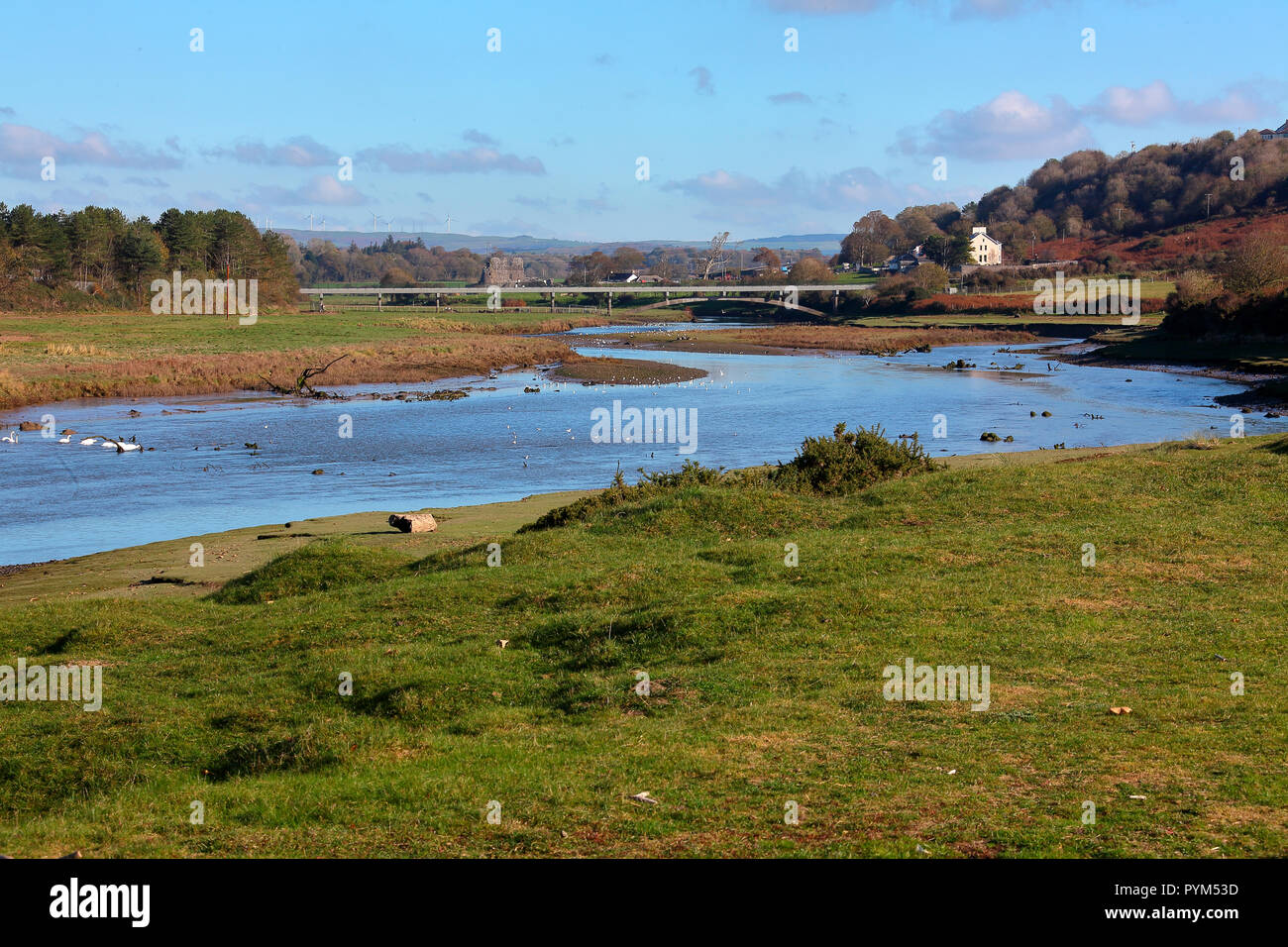 Una lunga vista verso Ogmore rovine del castello con il trattamento funziona ponte di accesso in primo piano su una soleggiata giornata secca all'inizio dell'inverno. Foto Stock