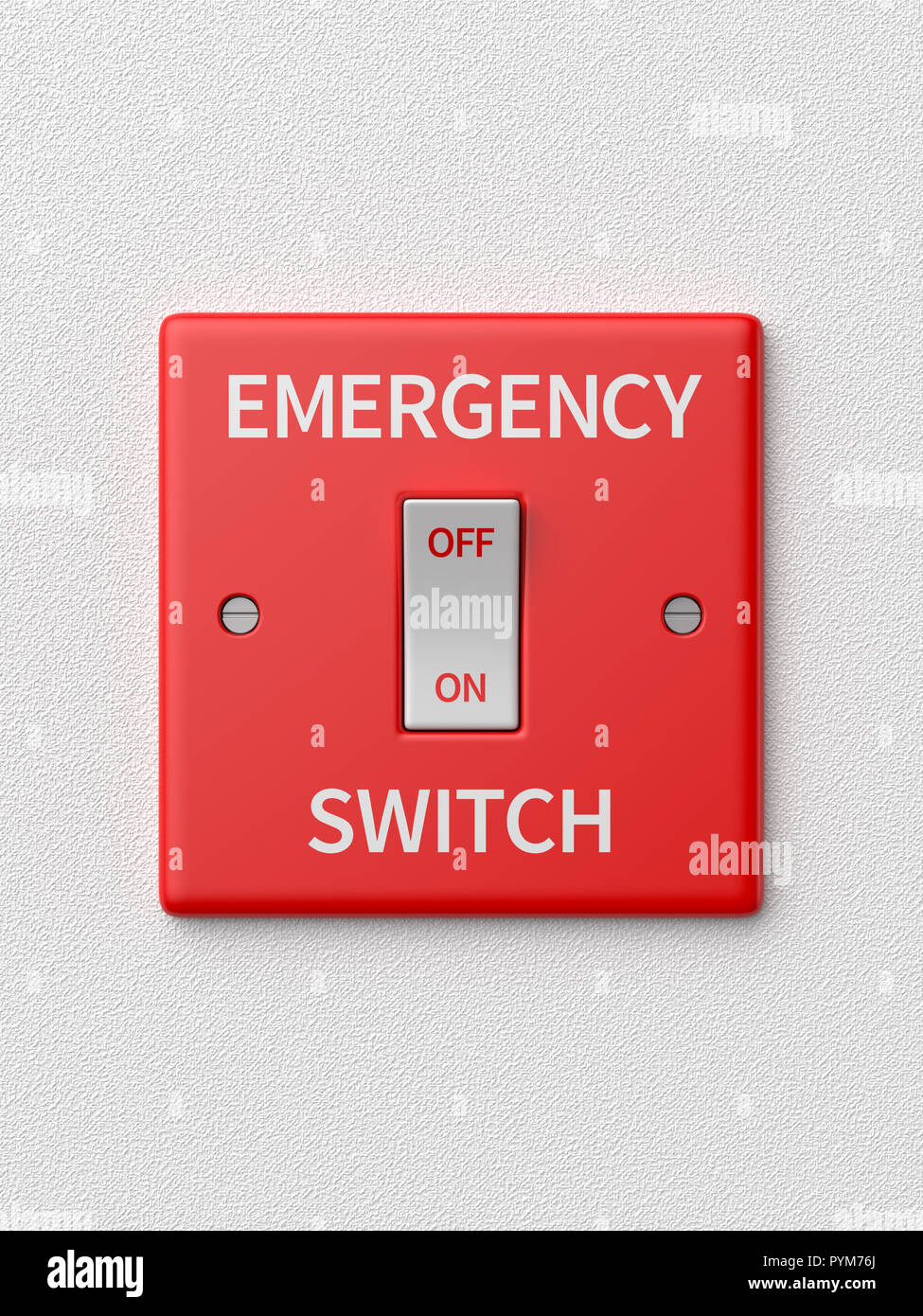 Rendering 3d vista anteriore di un singolo rosso e bianco interruttore di emergenza con on/off etichette in posizione on su uno sfondo bianco. Foto Stock