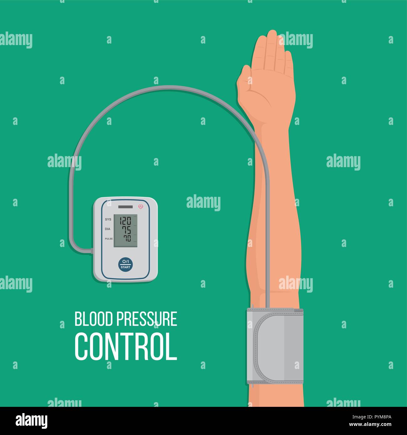 Il tonometro digitale che viene messo su un braccio. Il dispositivo misura la pressione arteriosa in persona. La profilassi di pazienti ipertesi atonic e malattie. Pulse co Illustrazione Vettoriale