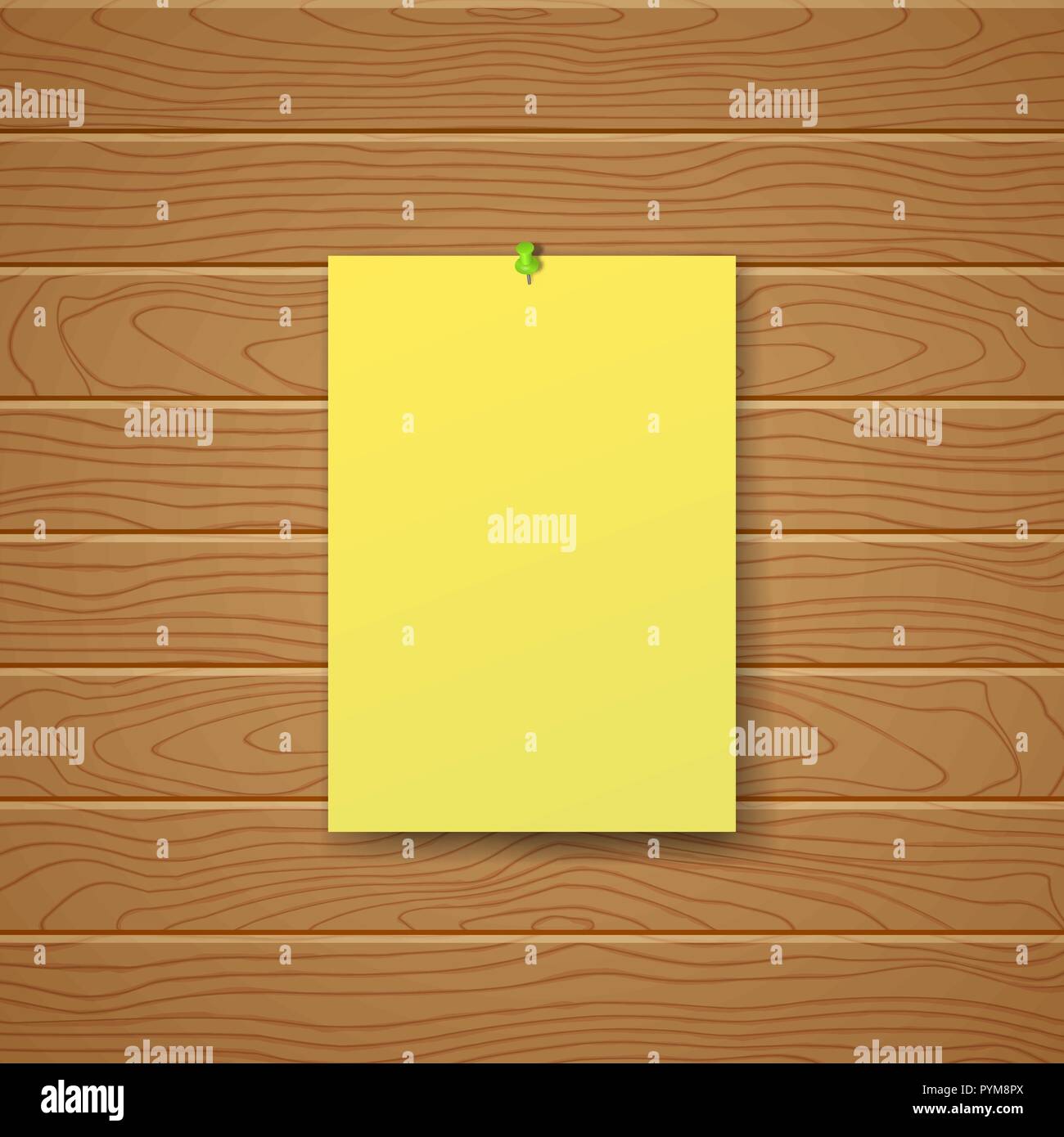 Il giallo del foglio vuoto in posizione verticale è imperniata su una parete da texture di legno. Illustrazione Vettoriale del poster, foglio illustrativo. Un telaio per il testo, Illustrazione Vettoriale