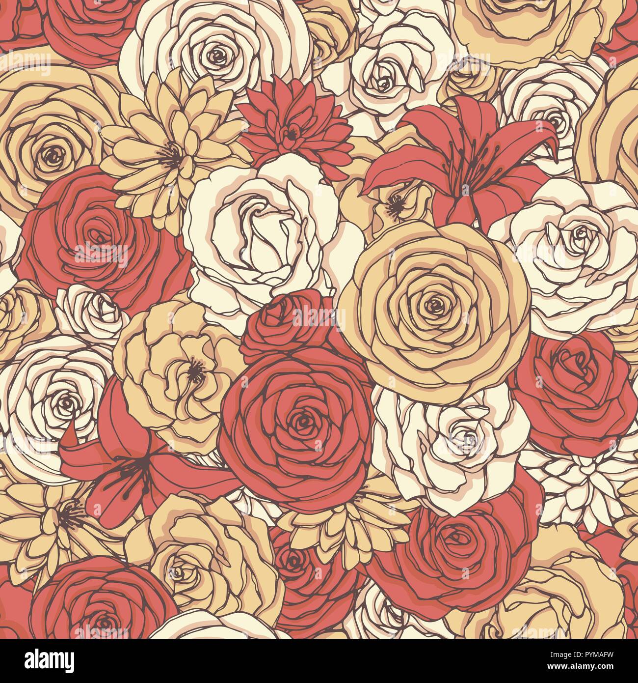 Vector seamless pattern con rose, giglio, peonia crisantemo e fiori di colore rosso, giallo e bianco colori. Disegnata a mano floral background di ripetizione di bloss Illustrazione Vettoriale