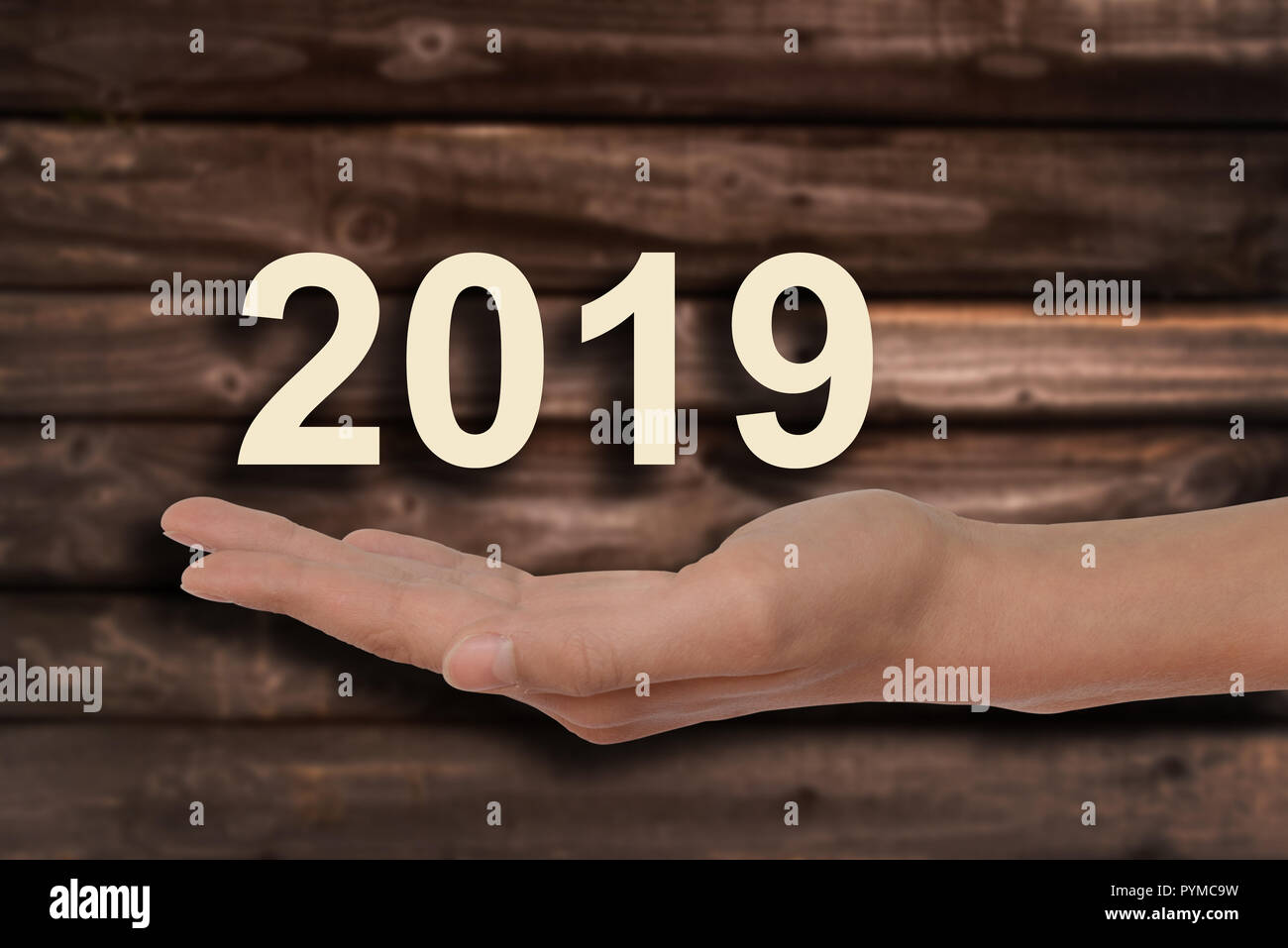 Offerta di mano 2019 numeri, Sfondo legno Foto Stock