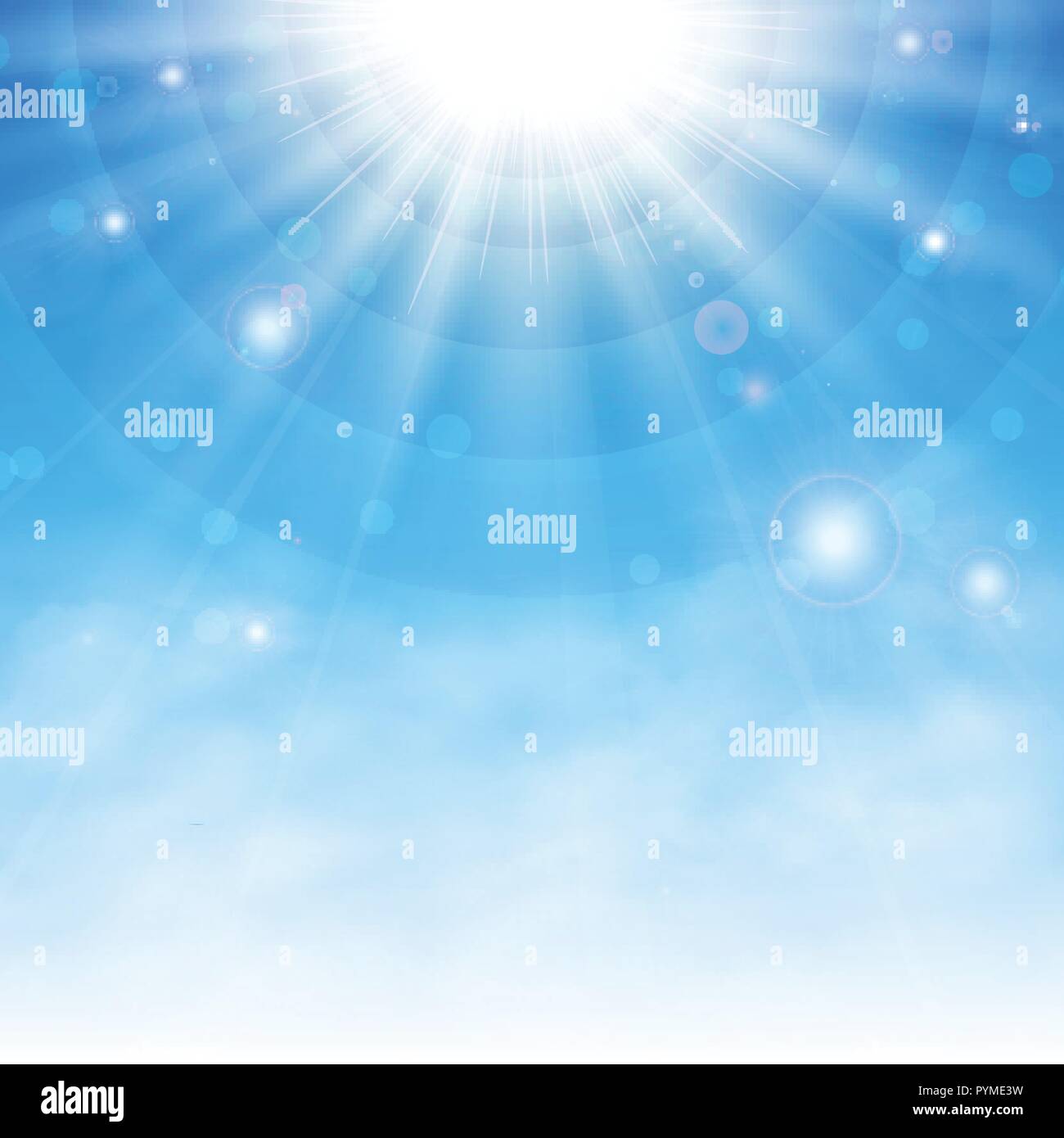 Sun burst sfondo con dettagli di cielo blu e razzi incandescente. EPS vettoriali10 Illustrazione Vettoriale