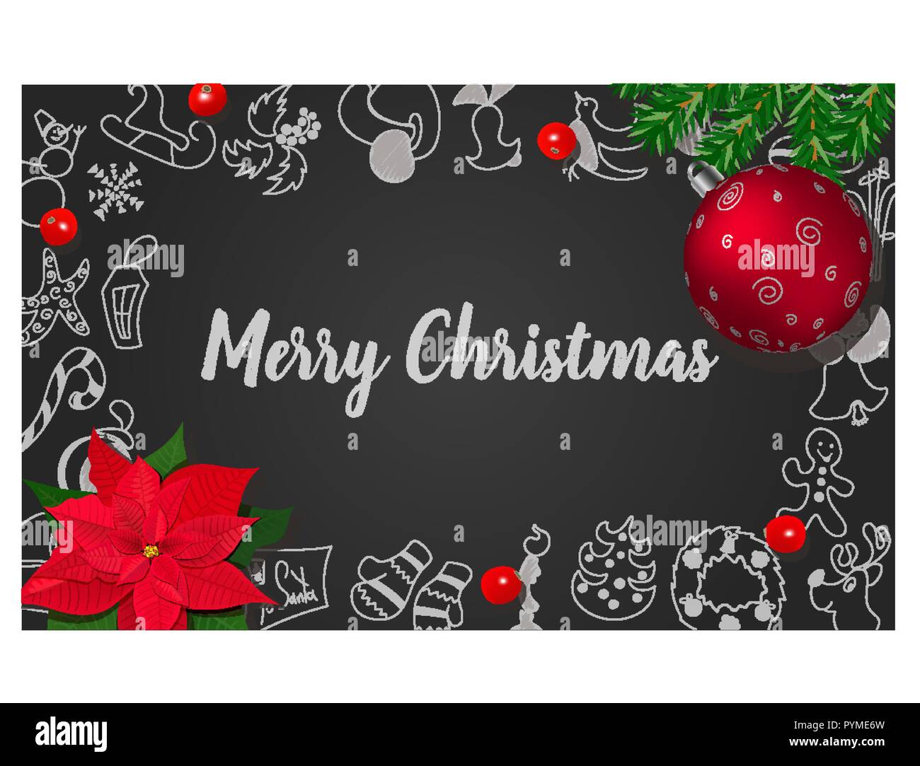 Decorazione di natale con abete, holly berry, Poincettia, Natale pallina rossa sulla lavagna Illustrazione Vettoriale