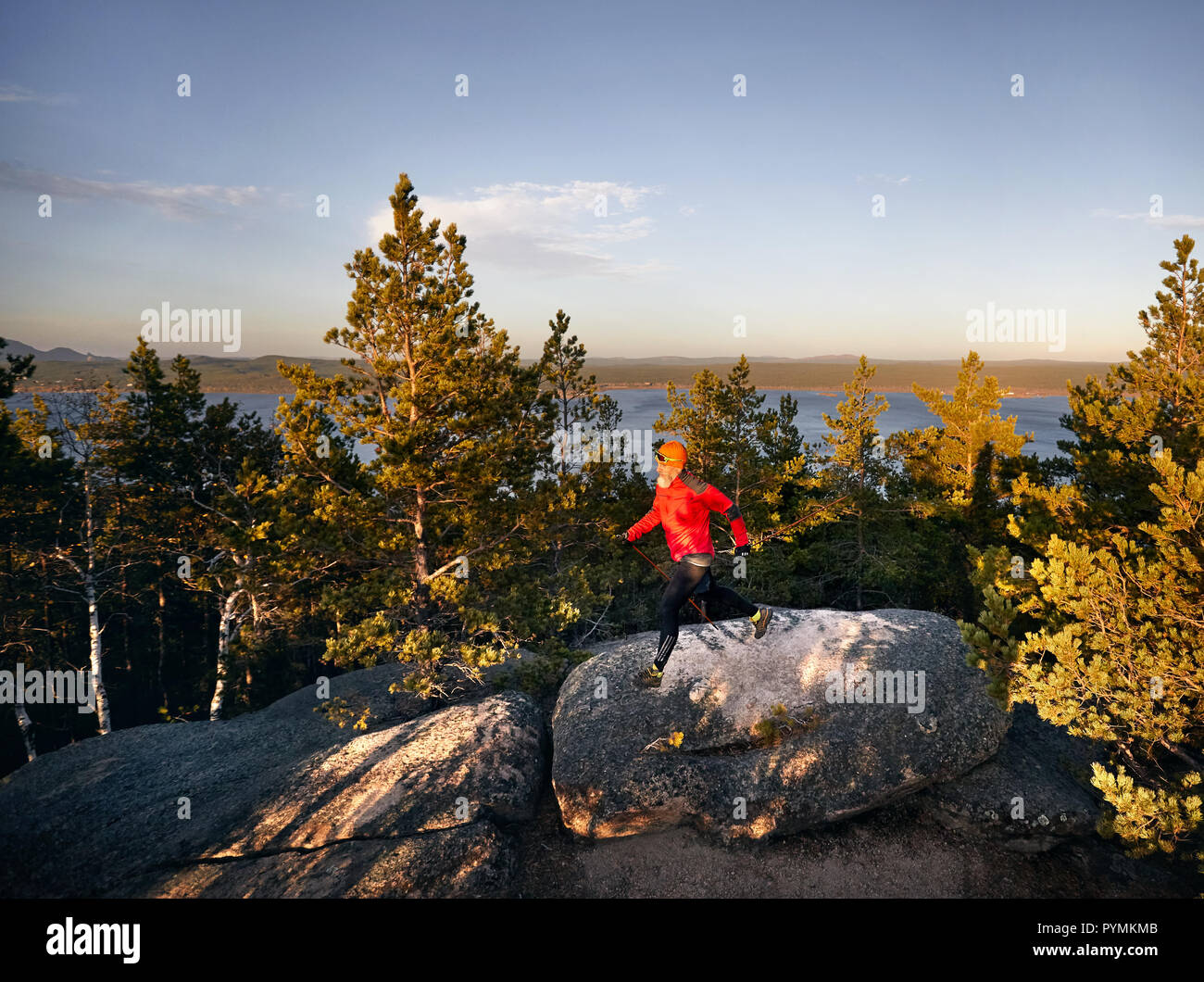 Uomo Barbuto in maglietta rossa in esecuzione nella foresta di pini al tramonto. Trail Running concept Foto Stock