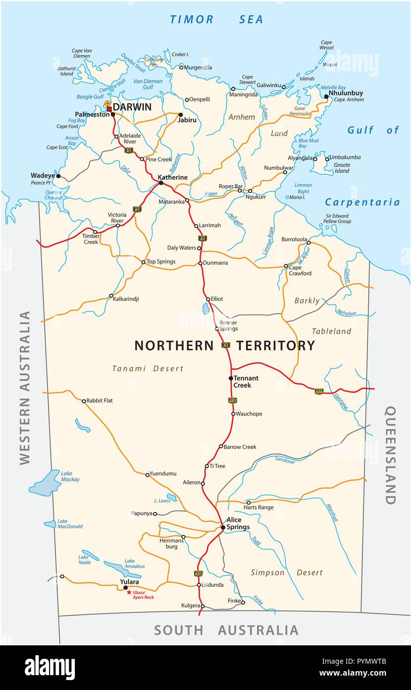 Vettore mappa stradale del Territorio del Nord, l'Australia. Illustrazione Vettoriale