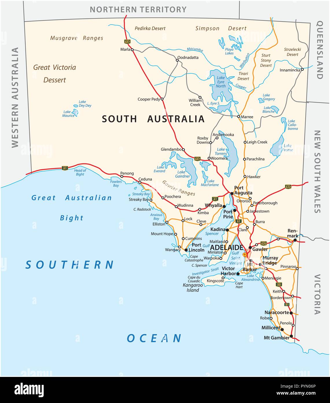Vettore mappa stradale dello stato del Sud Australia. Illustrazione Vettoriale