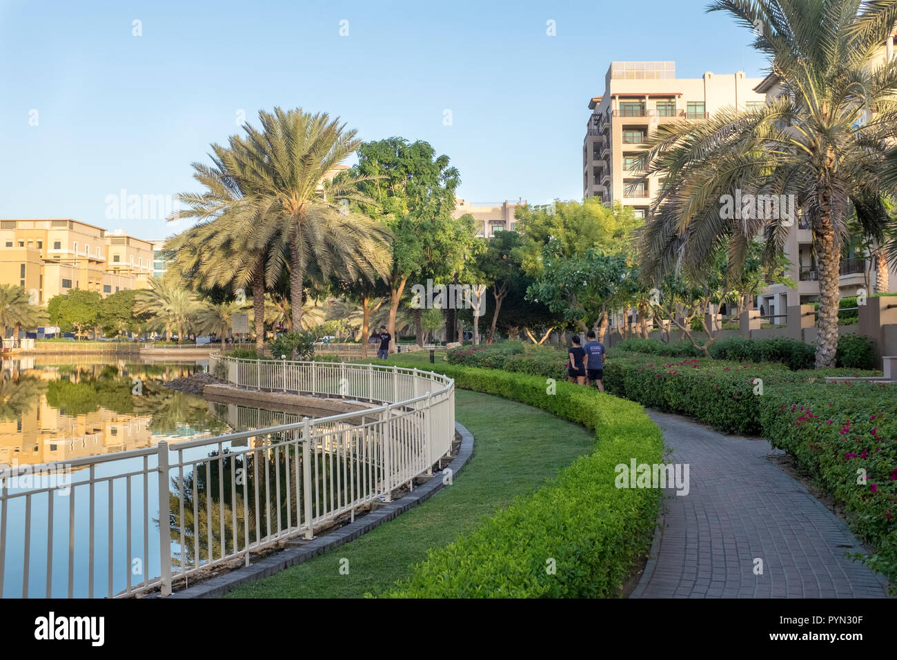 Lago artificiale e residenziale di appartamenti nel verde quartiere di Dubai, Emirati arabi uniti Foto Stock