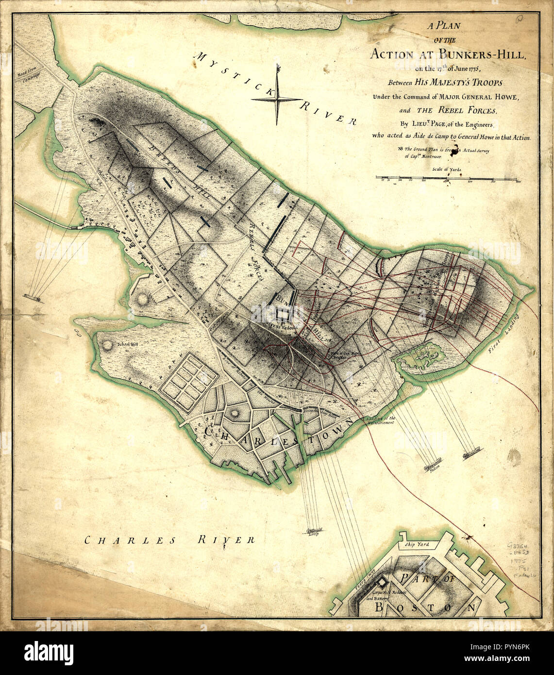 Vintage / Mappe Mappe di antiquariato - un piano di azione a Bunkers-Hill, sulla 17th. di giugno, 1775, tra la sua maestà, le truppe sotto il comando del Maggiore Generale Howe e le forze ribelli Foto Stock