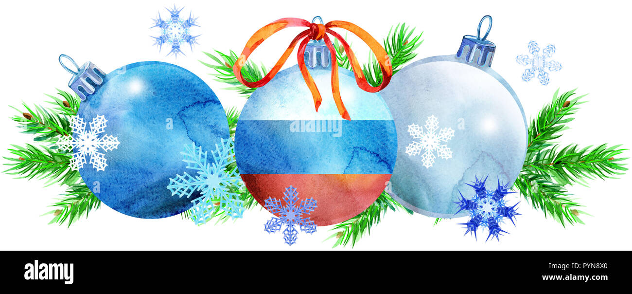 Acquerello albero di Natale frontiere da sfere con bandiera russa e i fiocchi di neve. Scheda per la vostra creatività Foto Stock