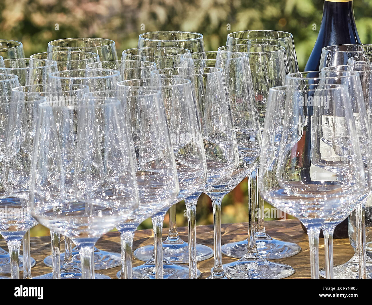 Il numero di bottiglie di vino e i bicchieri con il paesaggio delle Langhe  in background. Langhe è un luogo famoso per i buoni vini e cibo in Italia  Foto stock - Alamy
