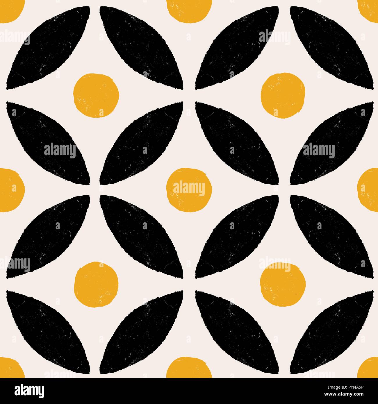 Abstract seamless design pattern con disegnati a mano forme rotonde in giallo e nero sulla crema di luce sullo sfondo. Wall Art, biglietto di auguri, packaging design Illustrazione Vettoriale
