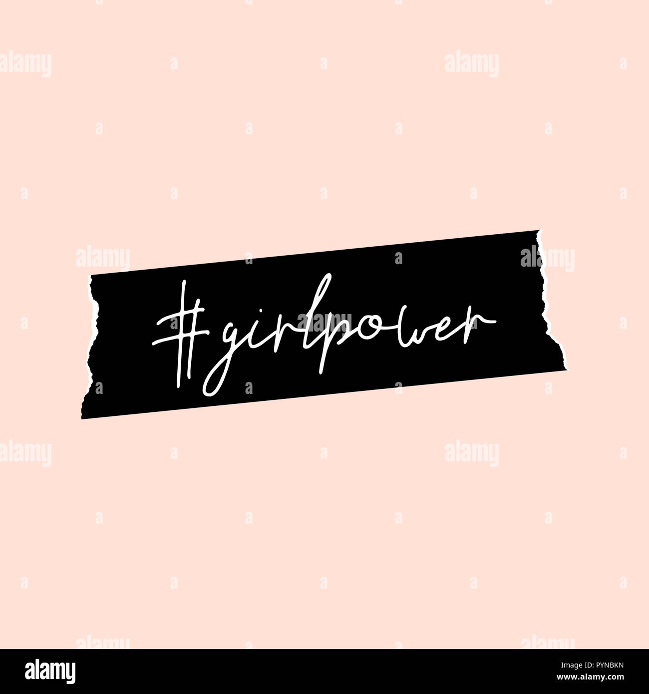 Text #girlpower in bianco scritto su un nero washi tape, isolato sul rosa pastello sfondo. Piazza ispiratore wall art, social media post, saluto Illustrazione Vettoriale