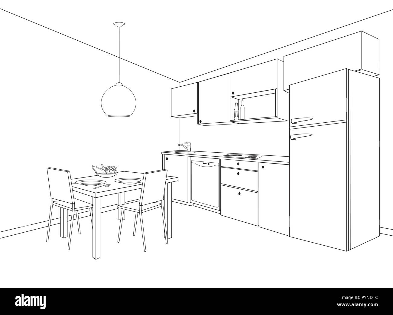 Schizzo interno della camera con cucina. Schema progetto di una cucina con mobili moderni e isola Illustrazione Vettoriale