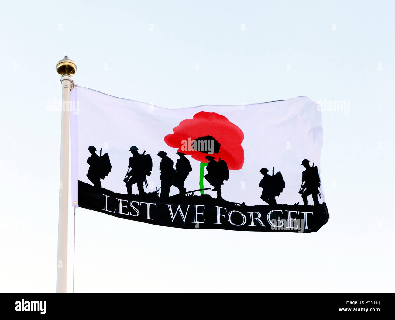 Non dimentichiamolo, banner, bandiera, ricordo, rosso papavero, soldati armati, esercito, England, Regno Unito Foto Stock