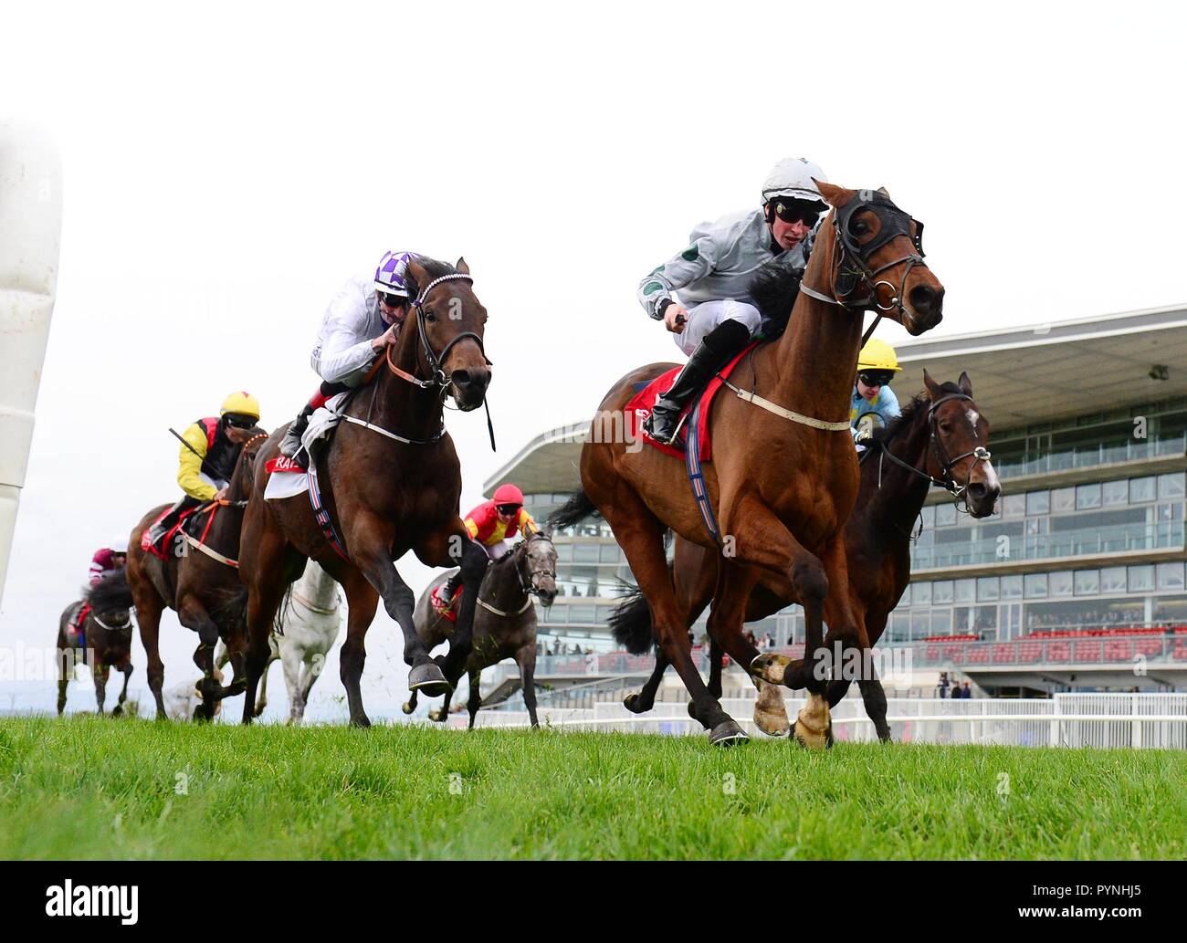 Riga delle Canarie e Ross Coakley sul loro modo di vincere la Kone Handicap dalla musica vocale cavalcato da Kevin Manning (sinistra). durante il giorno tre del mese di ottobre la festa a Galway Racecourse. Foto Stock