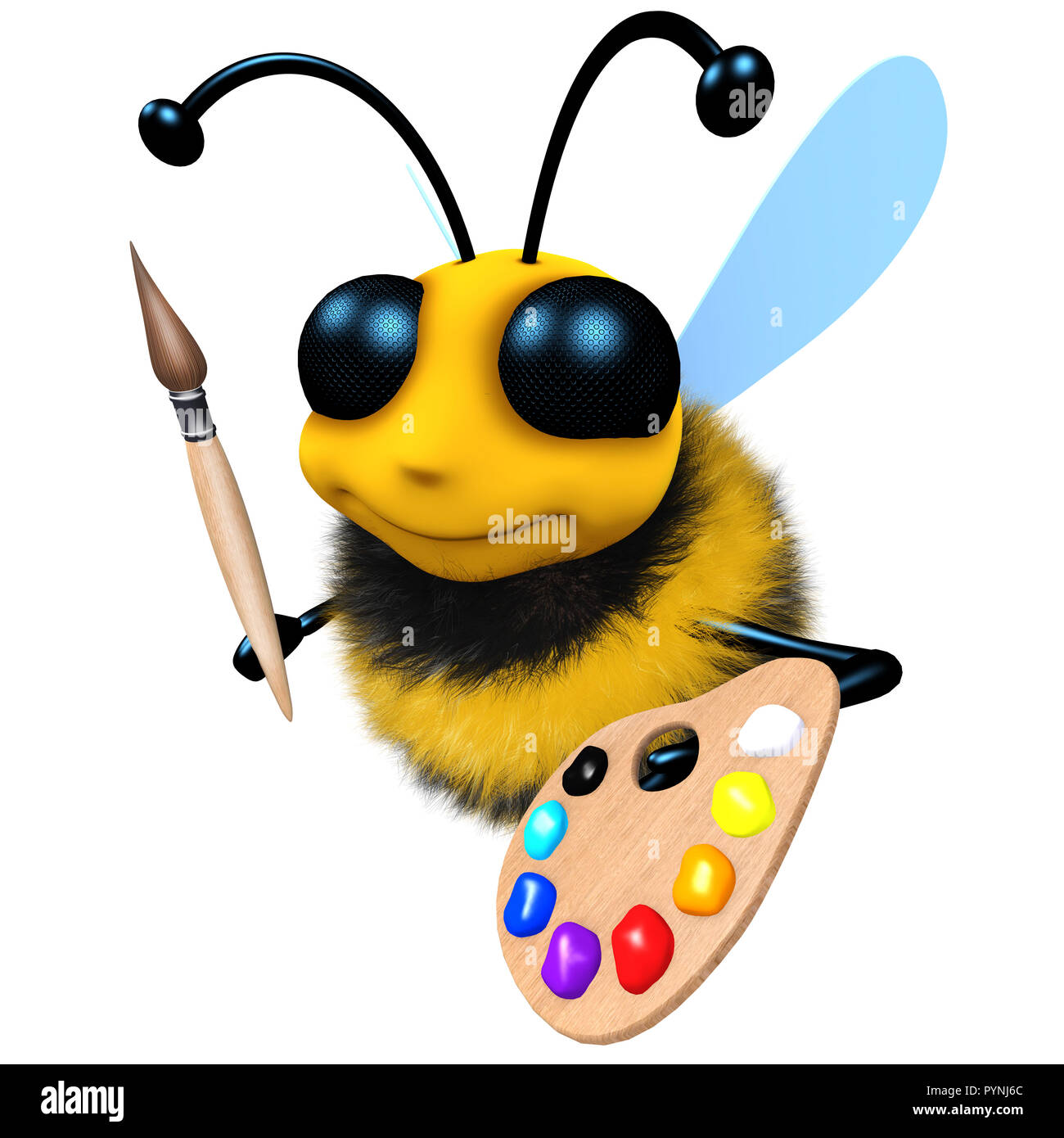3D render di un simpatico cartoon honey bee carattere con il pennello e la tavolozza dei colori Foto Stock