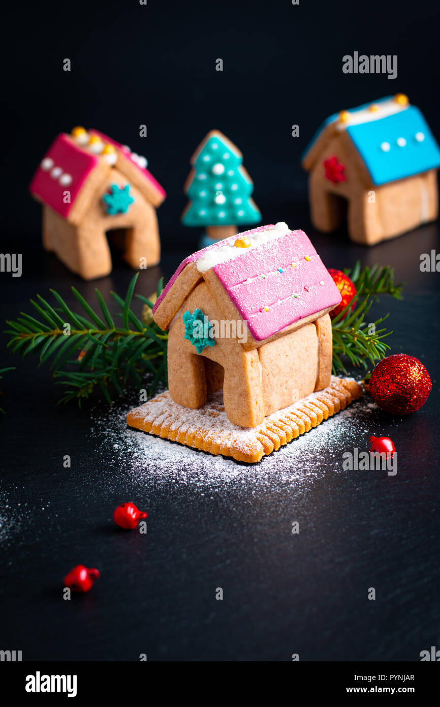 Holiday cibo pastello DIY biscotti di Natale, Gingerbread case e albero di Natale per il regalo o parte Foto Stock